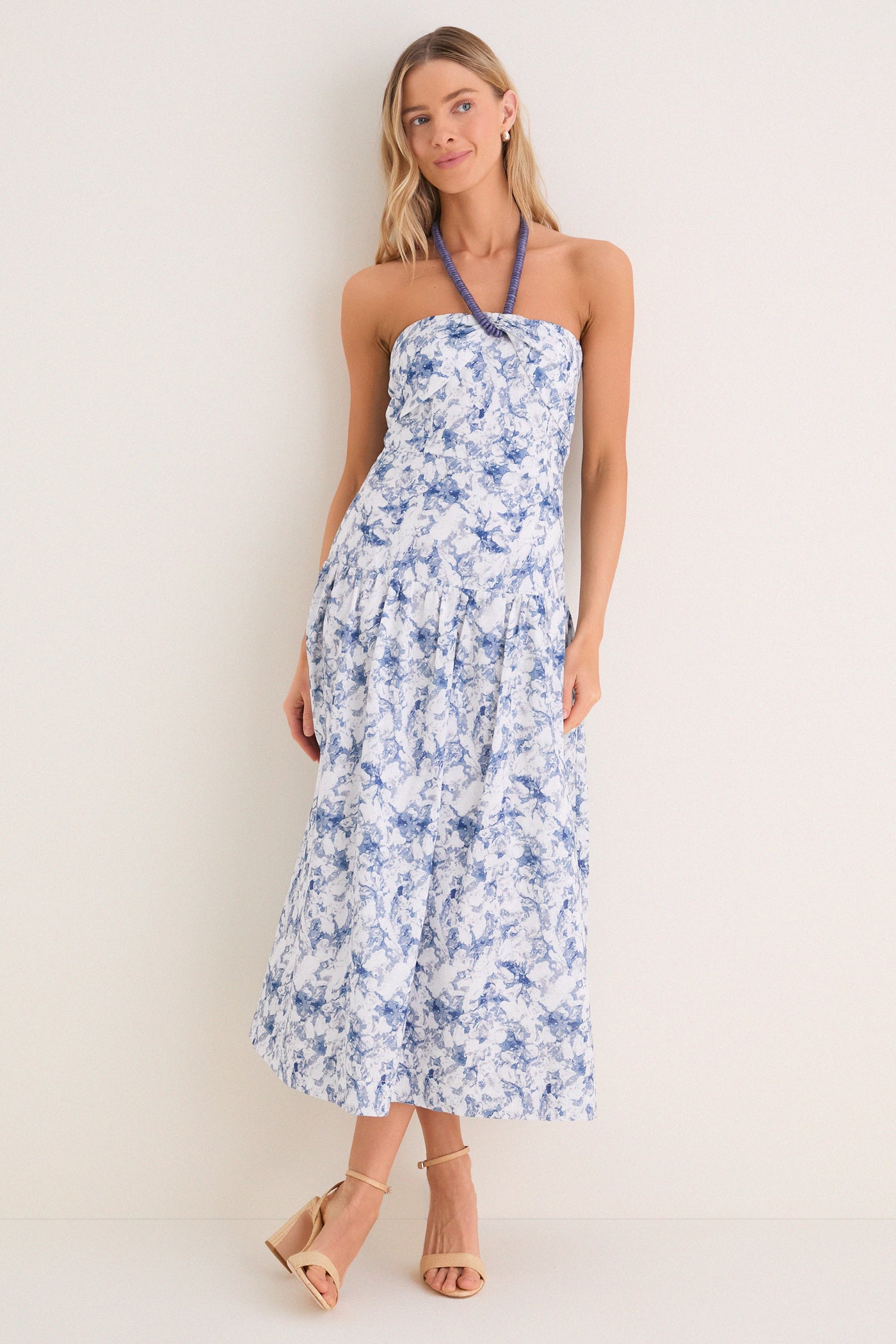 Navy Watercolor Beaded Halter Natalie Midi Dress