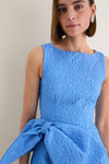 Blue Jacquard Briallen Bow Mini Dress with a classic boat neckline and oversized bow, offering an effortless, high-end look for fun, elevated occasions.