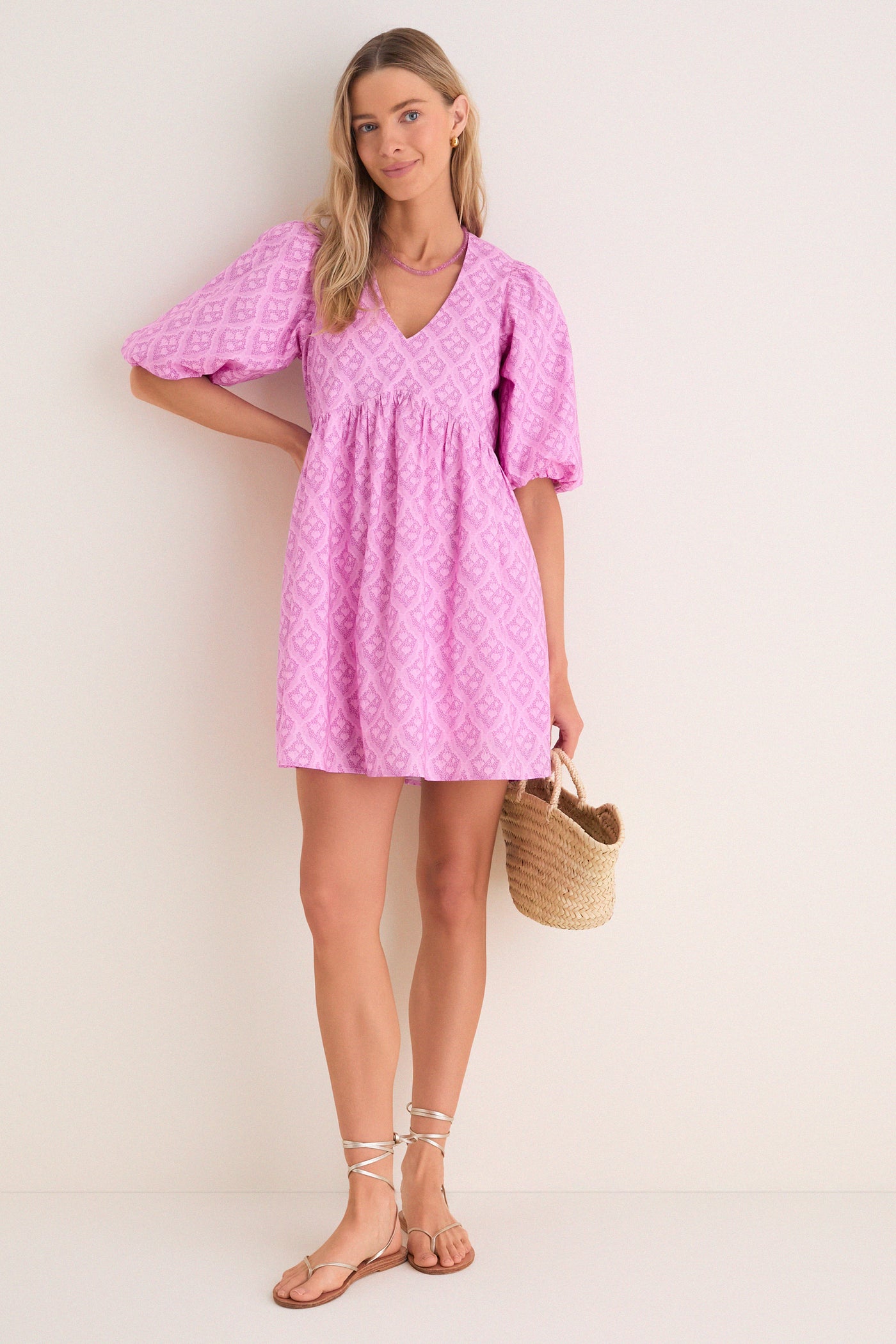 pink pattern dress Floral Puff Sleeve Midi - All Dresses Lightweight eyelet fabric Aurora Pink Heart Print Maxi