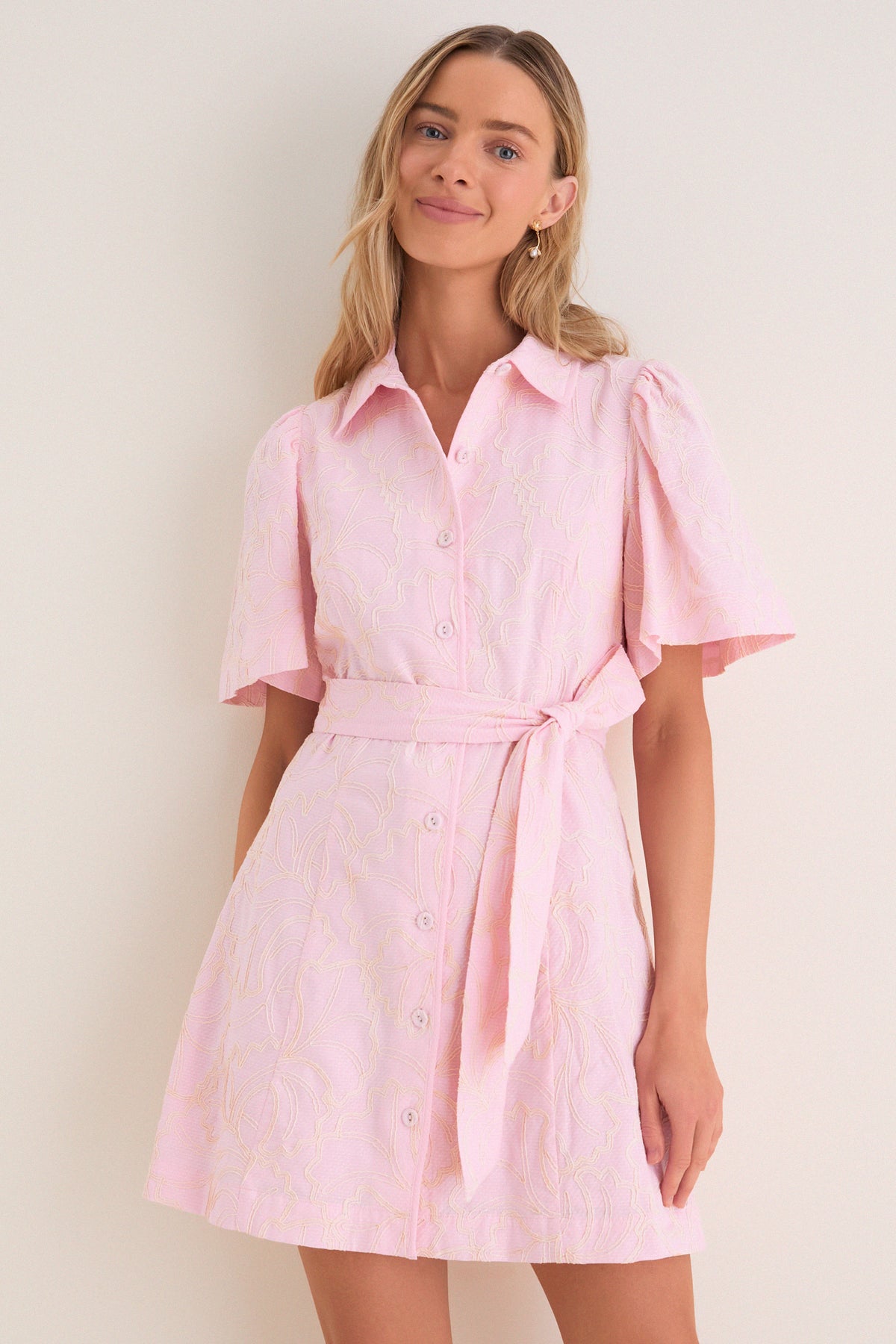 Hyacinth House Light Pink Embroidered Gingko Leaf Peppa Mini Dress Light Pink Embroidered Gingko Leaf / XXS