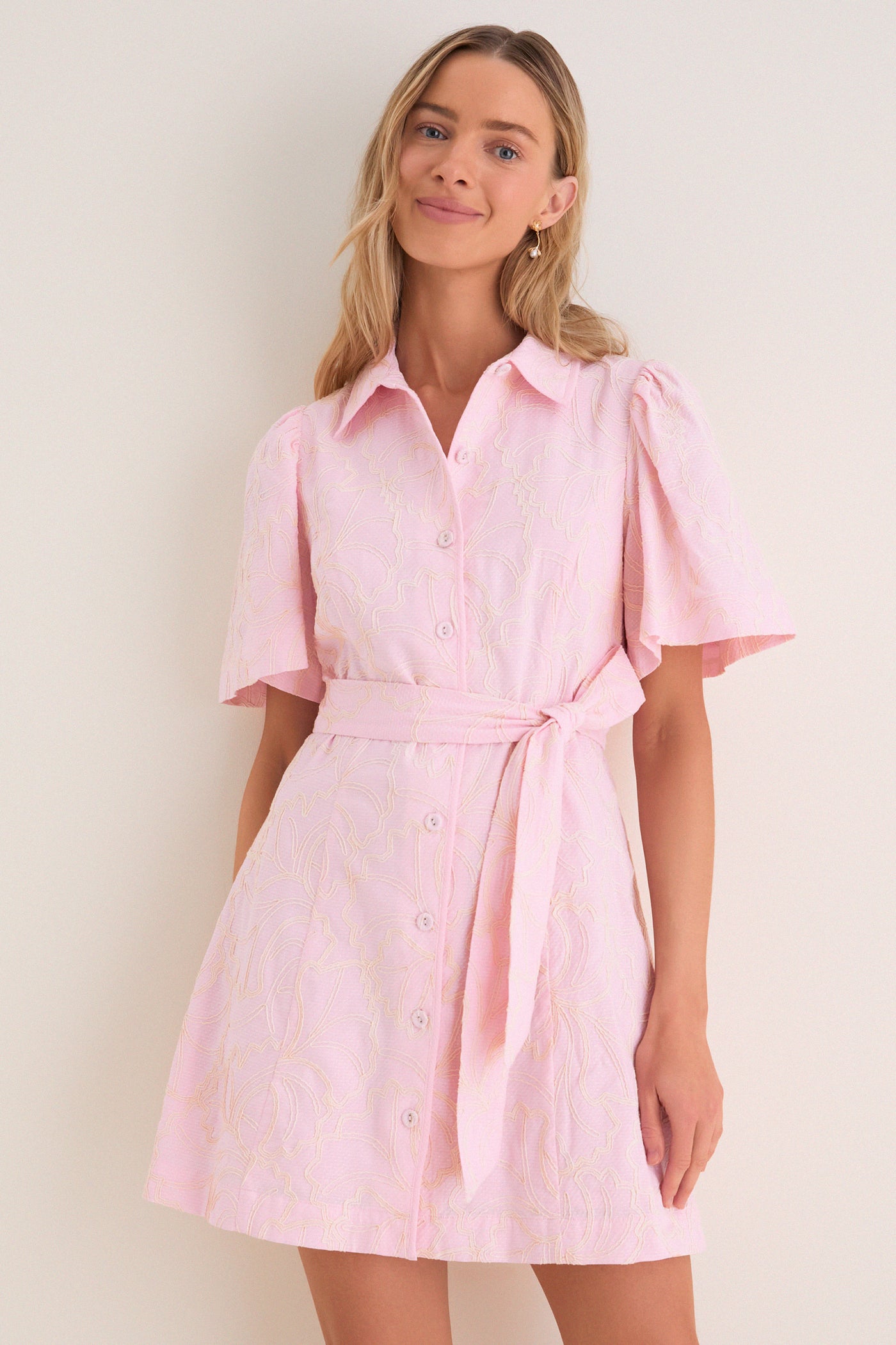 light pink embroidered dress Light Pink Embroidered Gingko Leaf Peppa Mini Dress