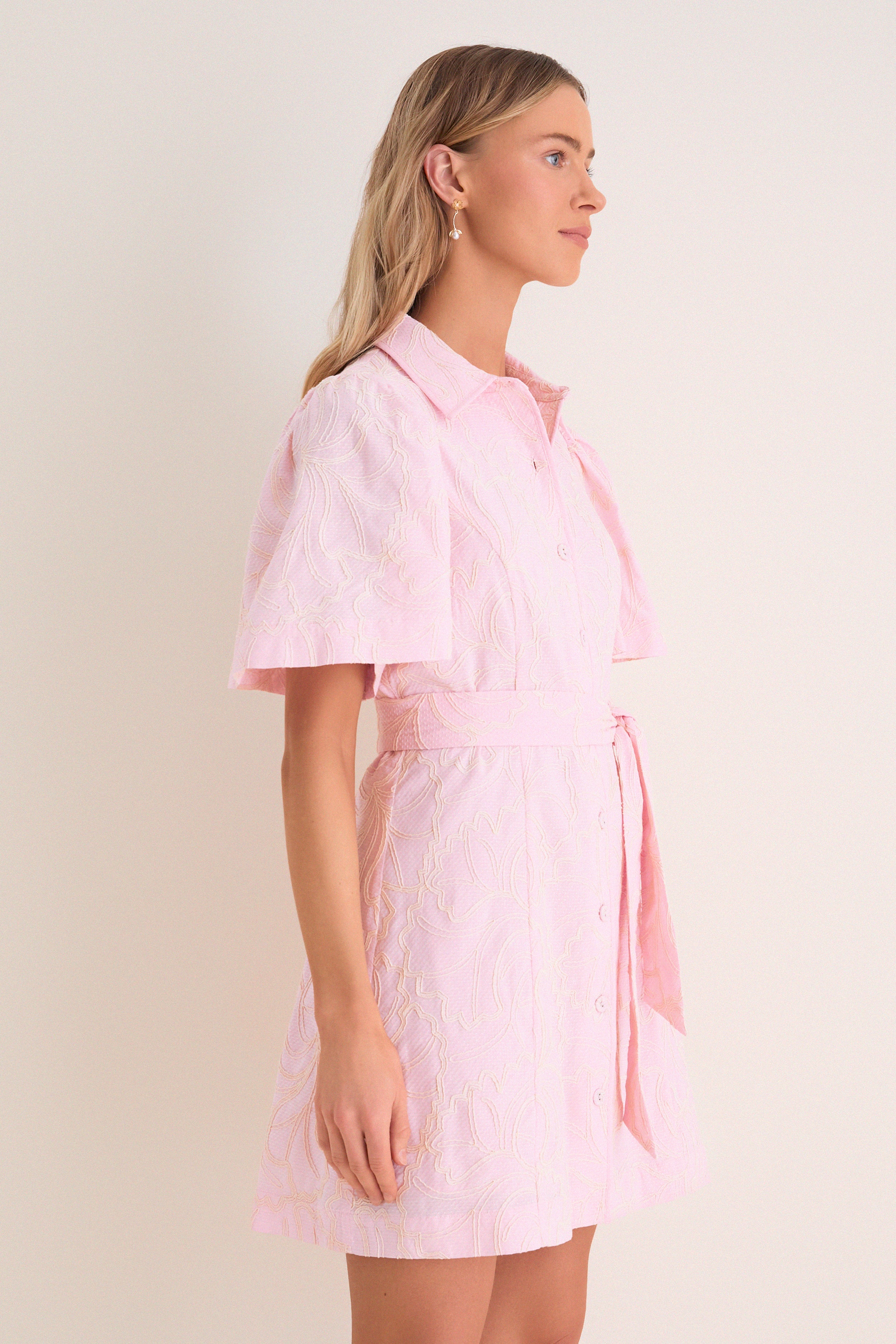 Light Pink Embroidered Gingko Leaf Peppa Mini Dress | Hyacinth House