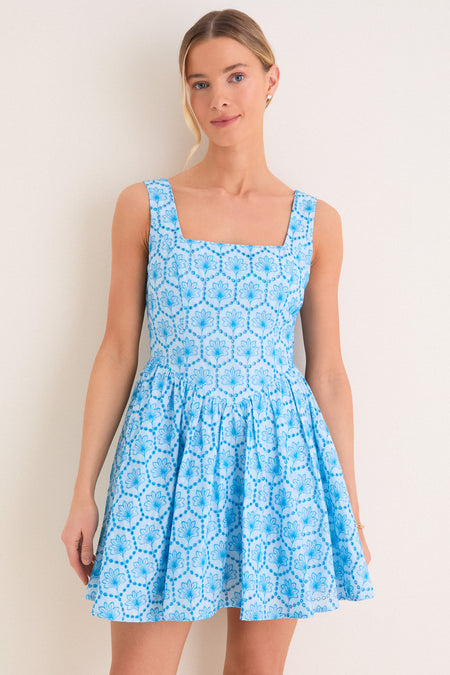 Blue Palm Eyelet Blair Mini Dress