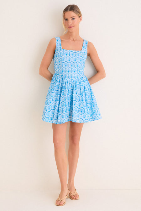 Blue Palm Eyelet Blair Mini Dress