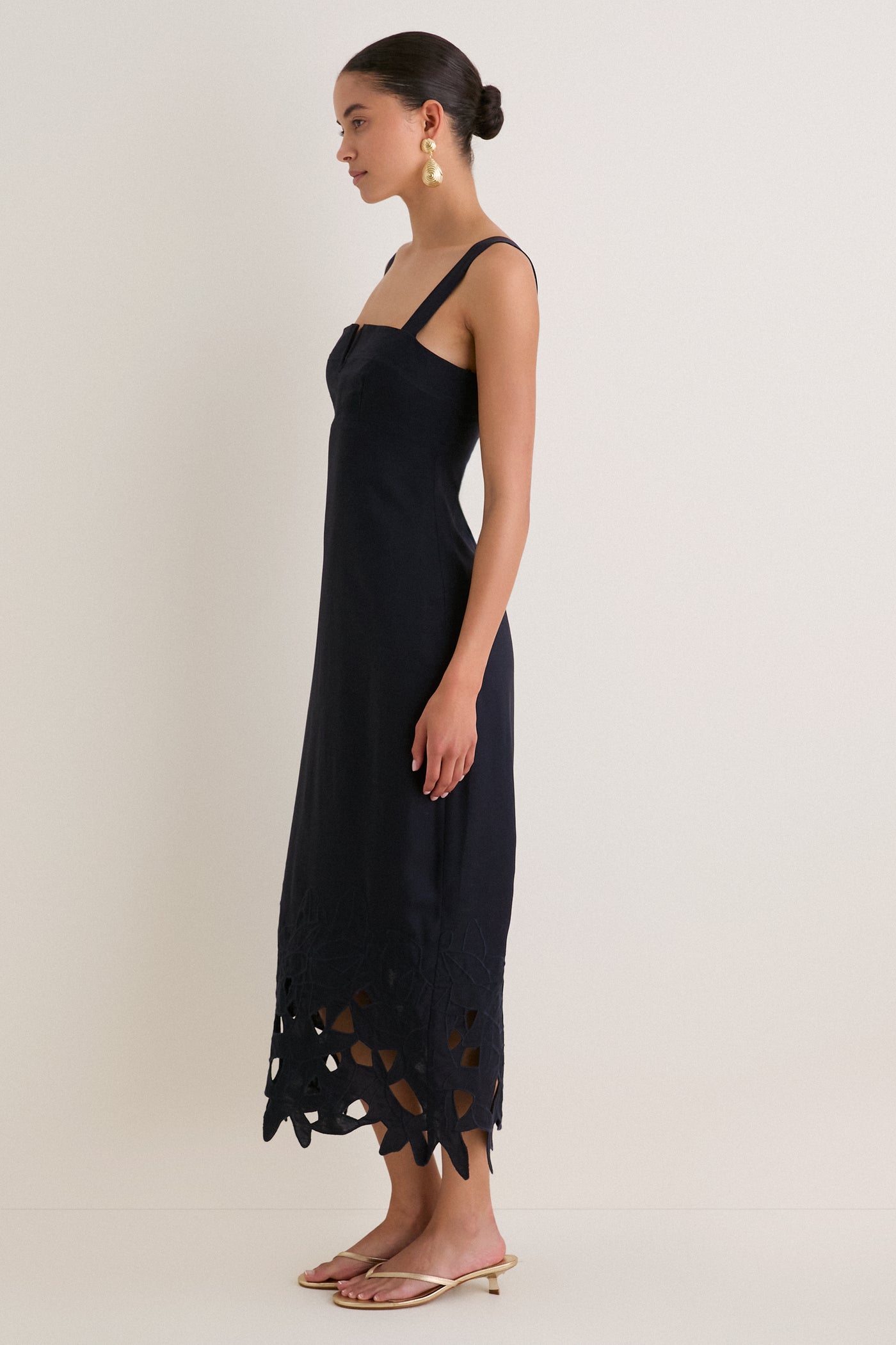 Navy Embroidered Linen Alma Midi Dress