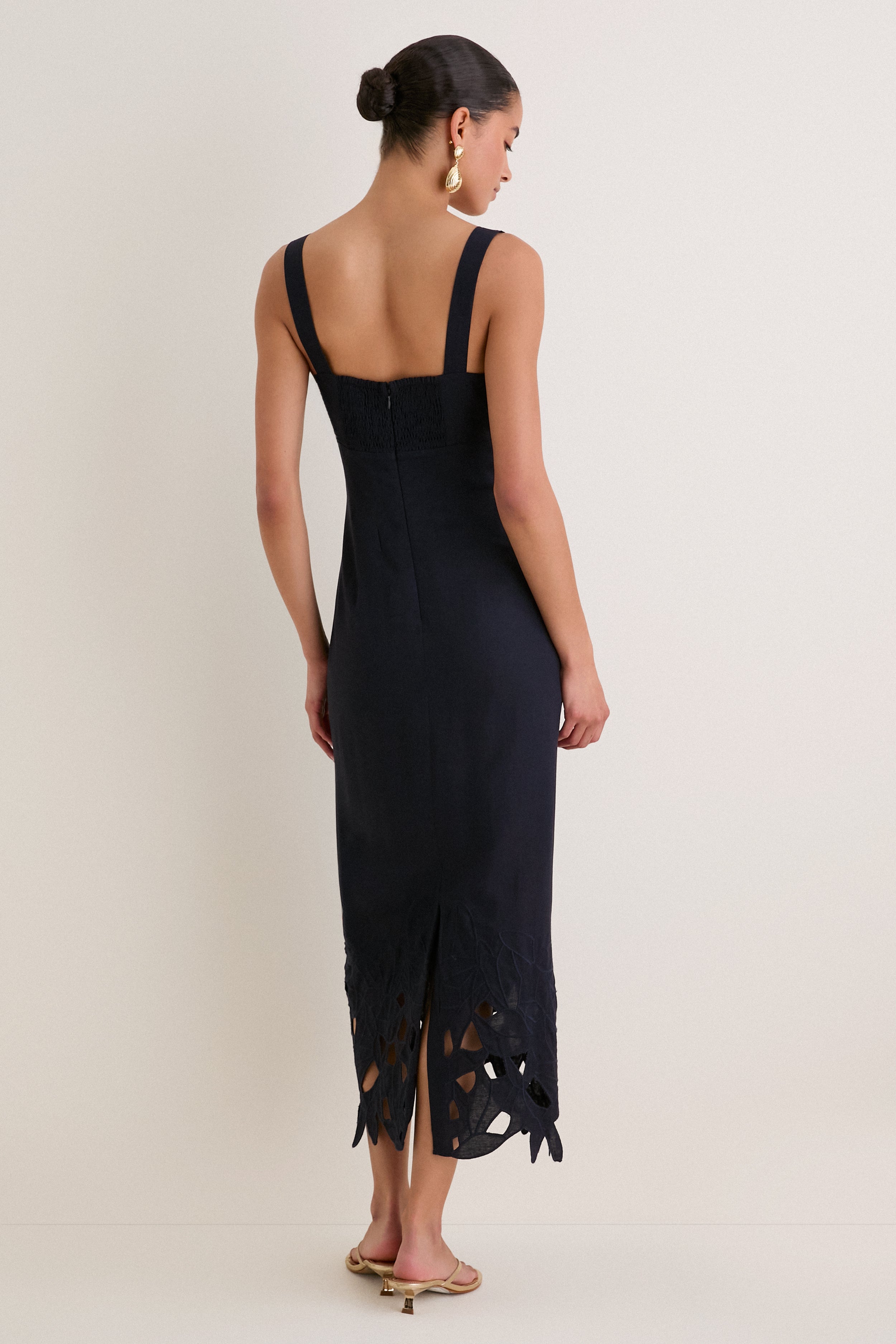 Navy Embroidered Linen Alma Midi Dress
