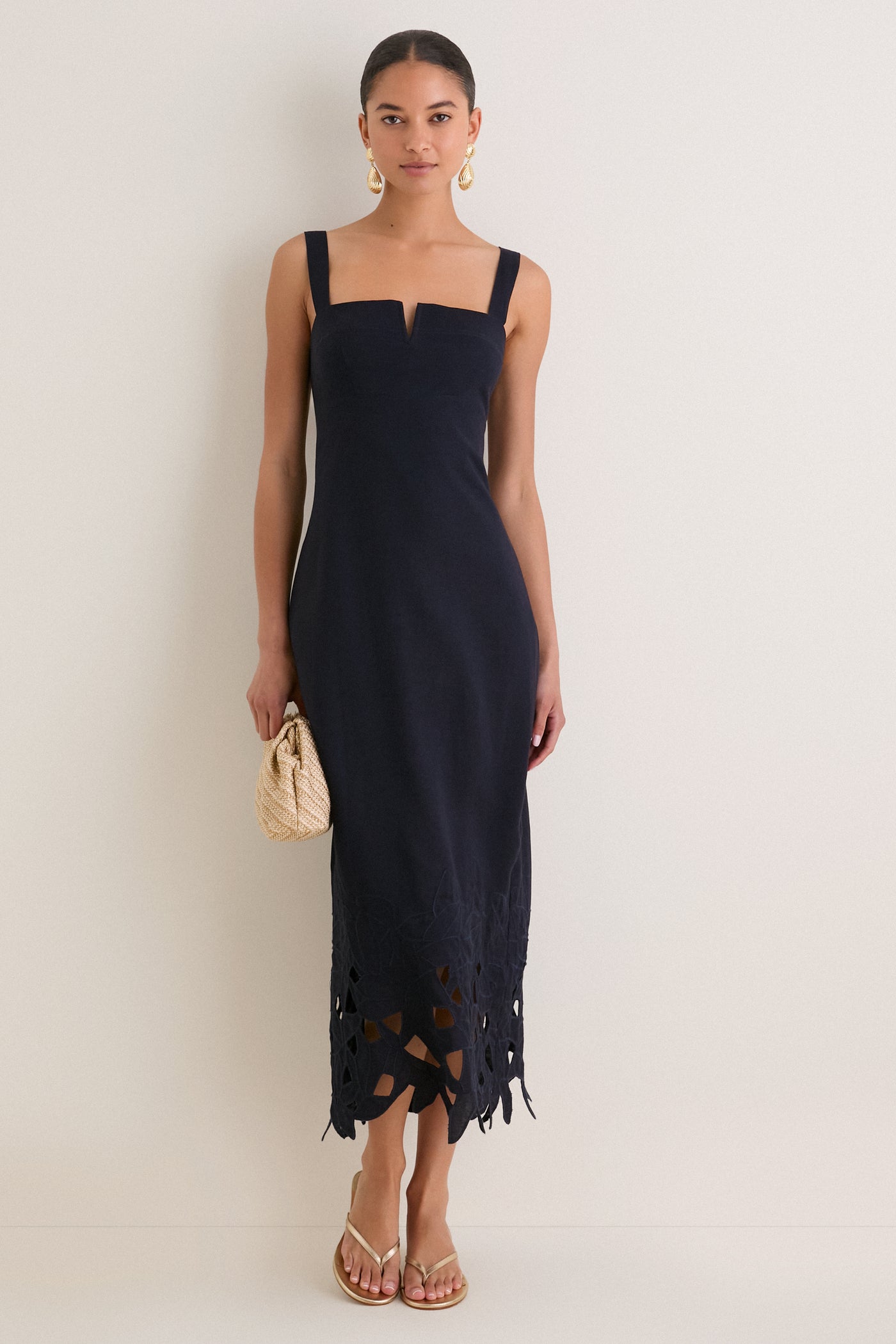 Navy Embroidered Linen Alma Midi Dress