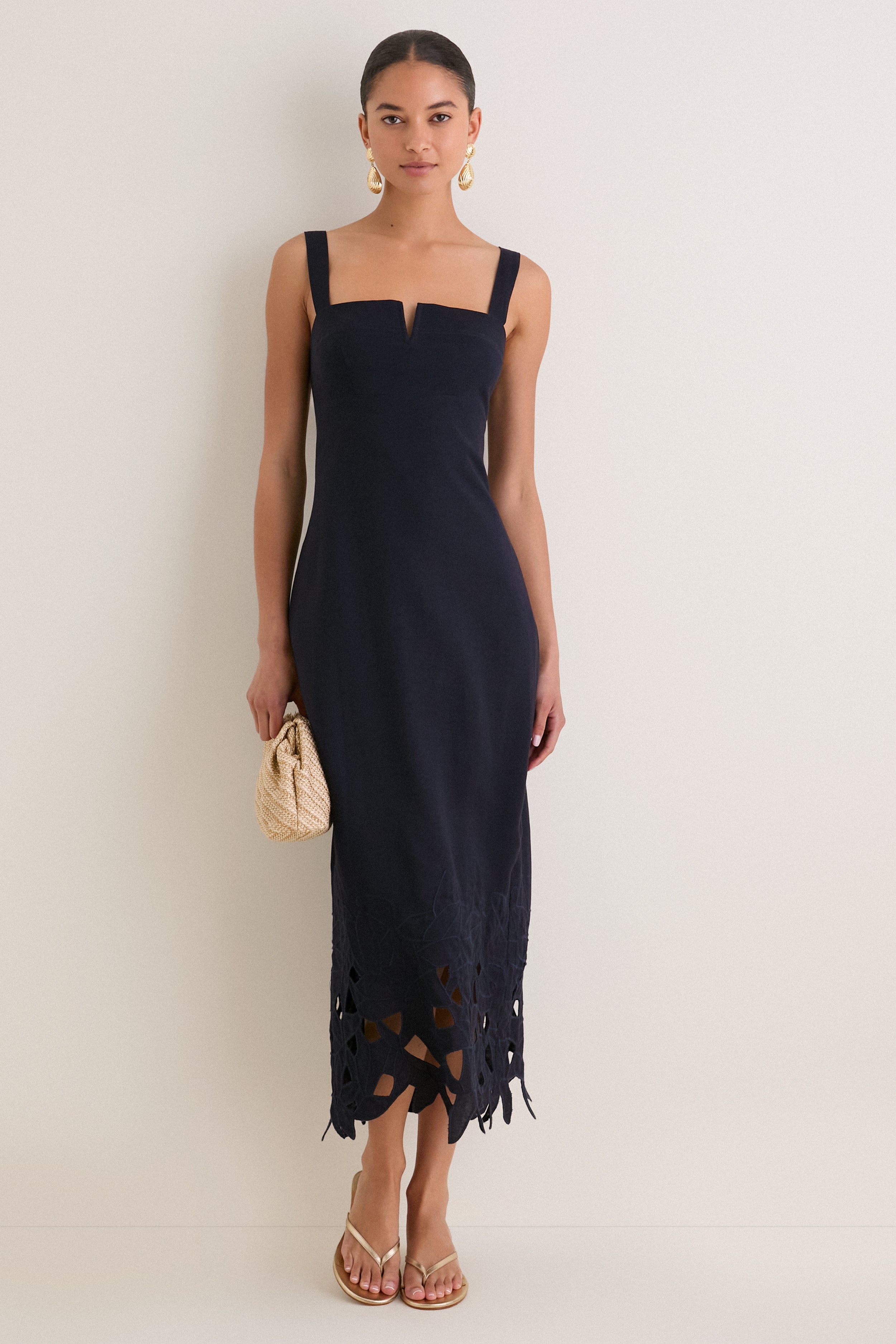 Navy Embroidered Linen Alma Midi Dress