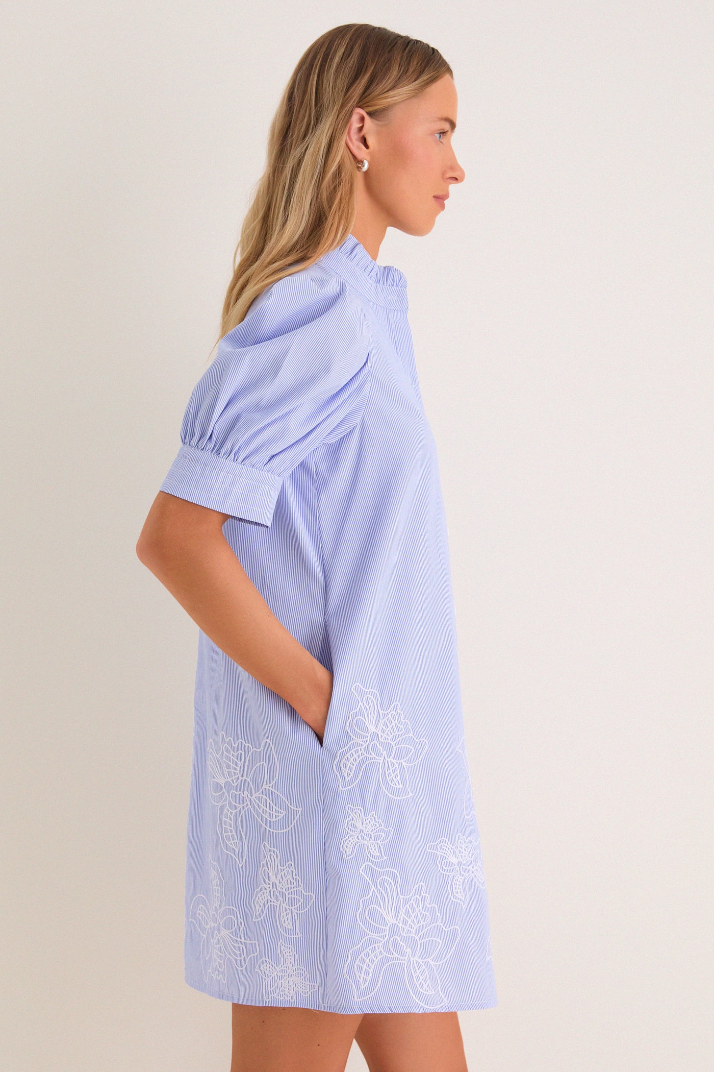 Hyacinth House Blue Embroidered Pinstripe Louisa Mini Dress Blue Embroidered Pinstripe / M
