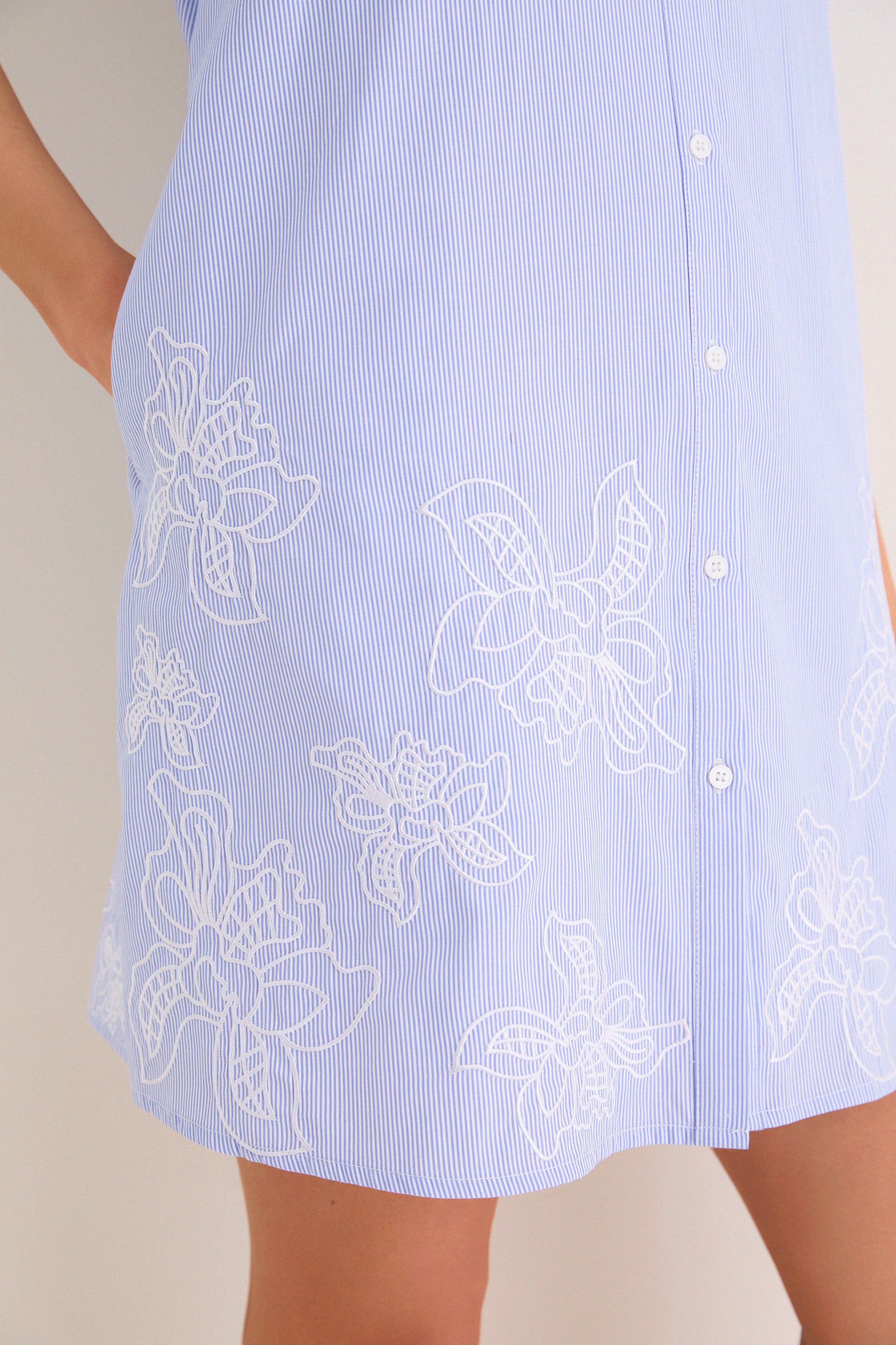 Blue Embroidered Pinstripe Louisa Mini Dress | Hyacinth House