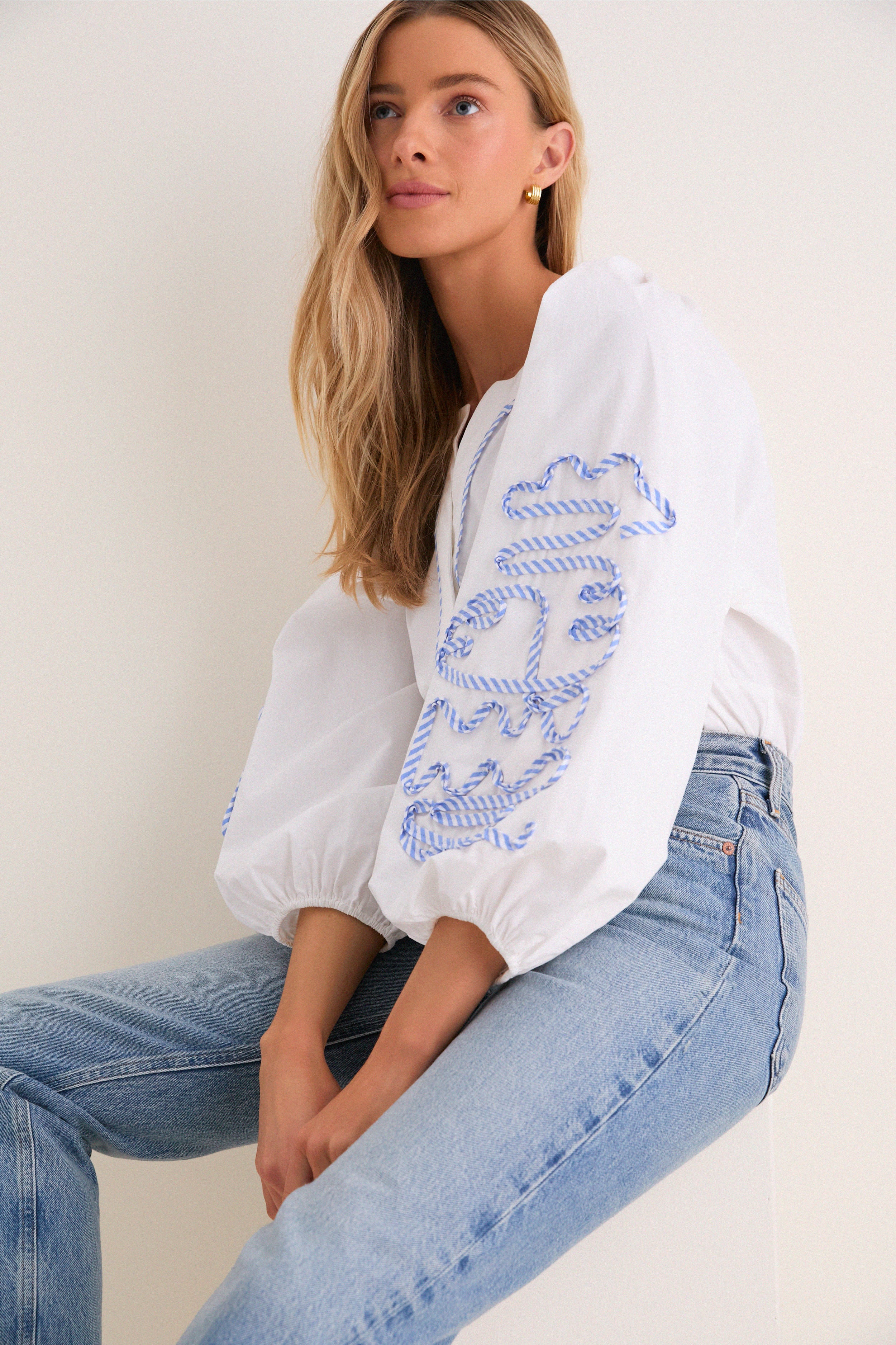 White & Blue Stripe Stella Blouse | Hyacinth House