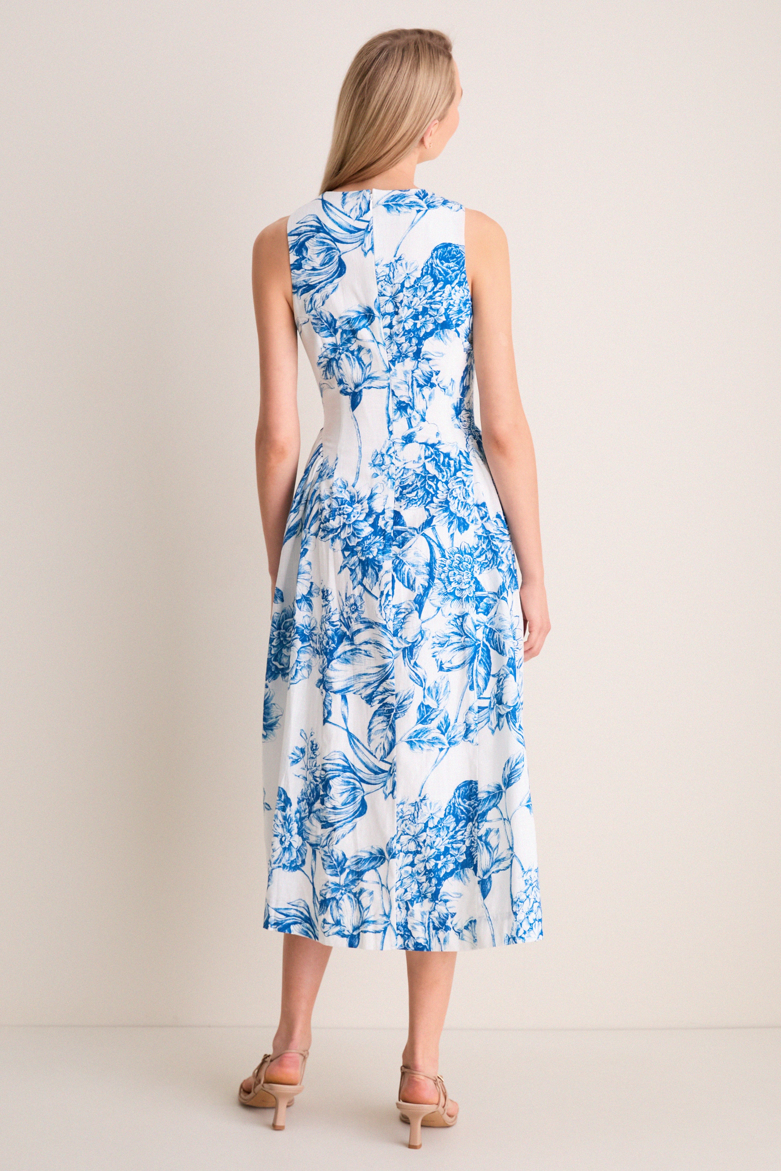 Blue & White Blooms Floral Posey Midi Dress