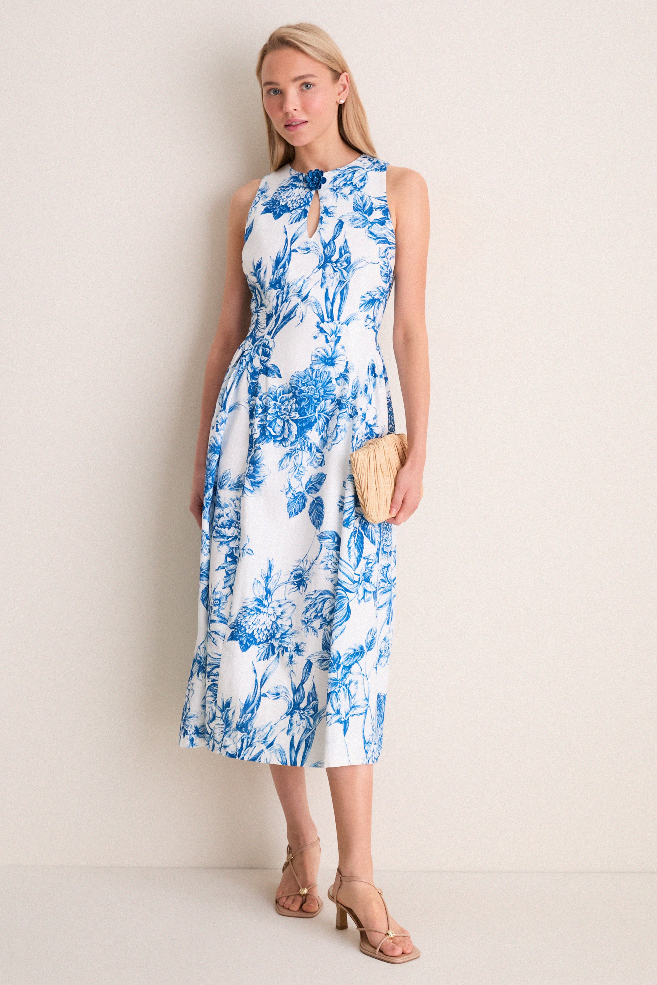 Blue & White Blooms Floral Posey Midi Dress