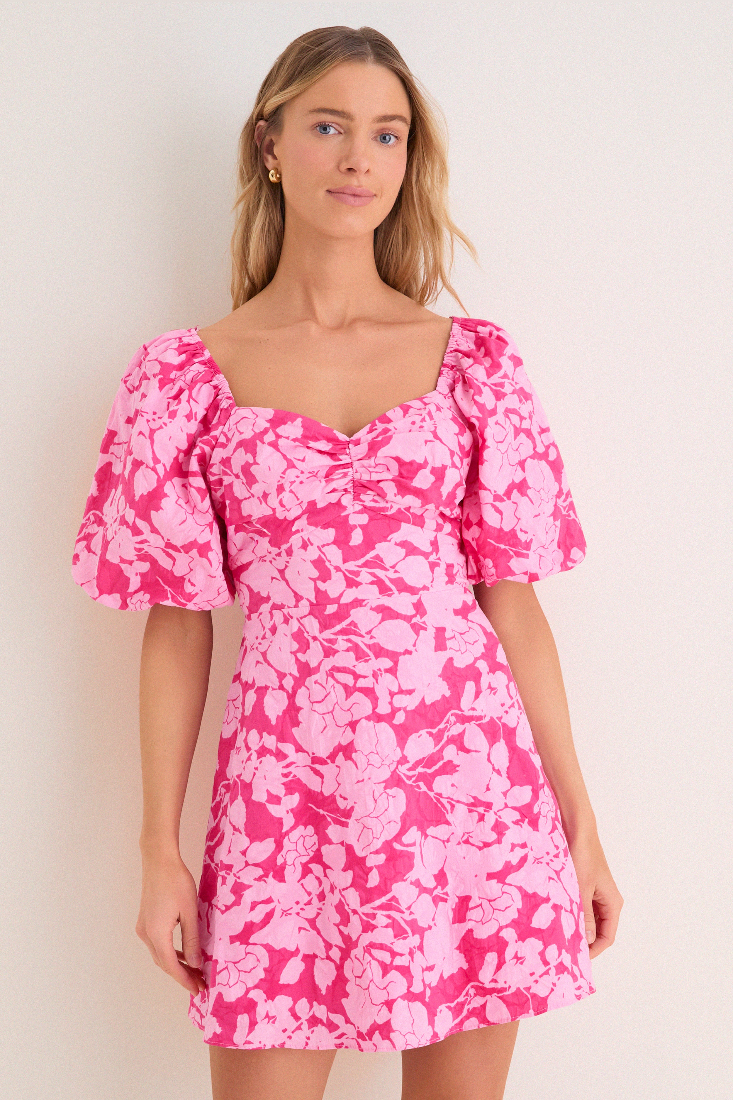 Hyacinth House Pink Textured Floral Seaport Mini Dress Pink Textured Floral / S