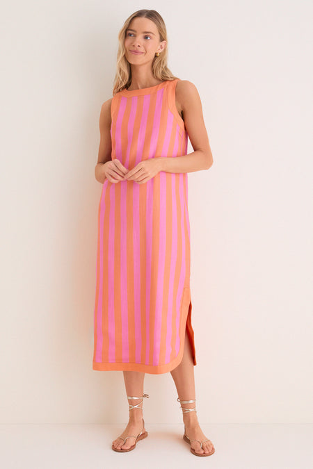 Orange & Pink Cabana Stripe Nella Midi Dress