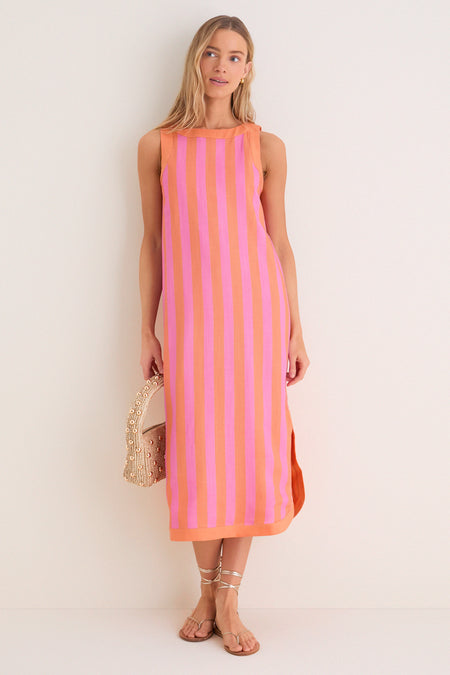 Orange & Pink Cabana Stripe Nella Midi Dress