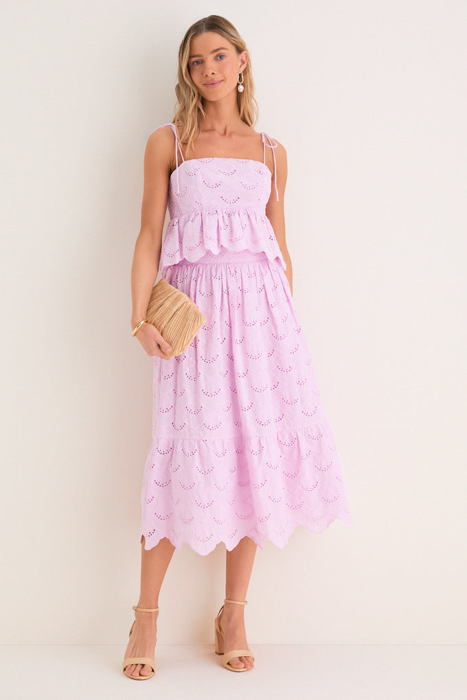 hyacinth house soft pink shimmer stripes mila strapless midi dress Hyacinth House Lilac Eyelet Carter Midi Skirt Lilac Eyelet / XL
