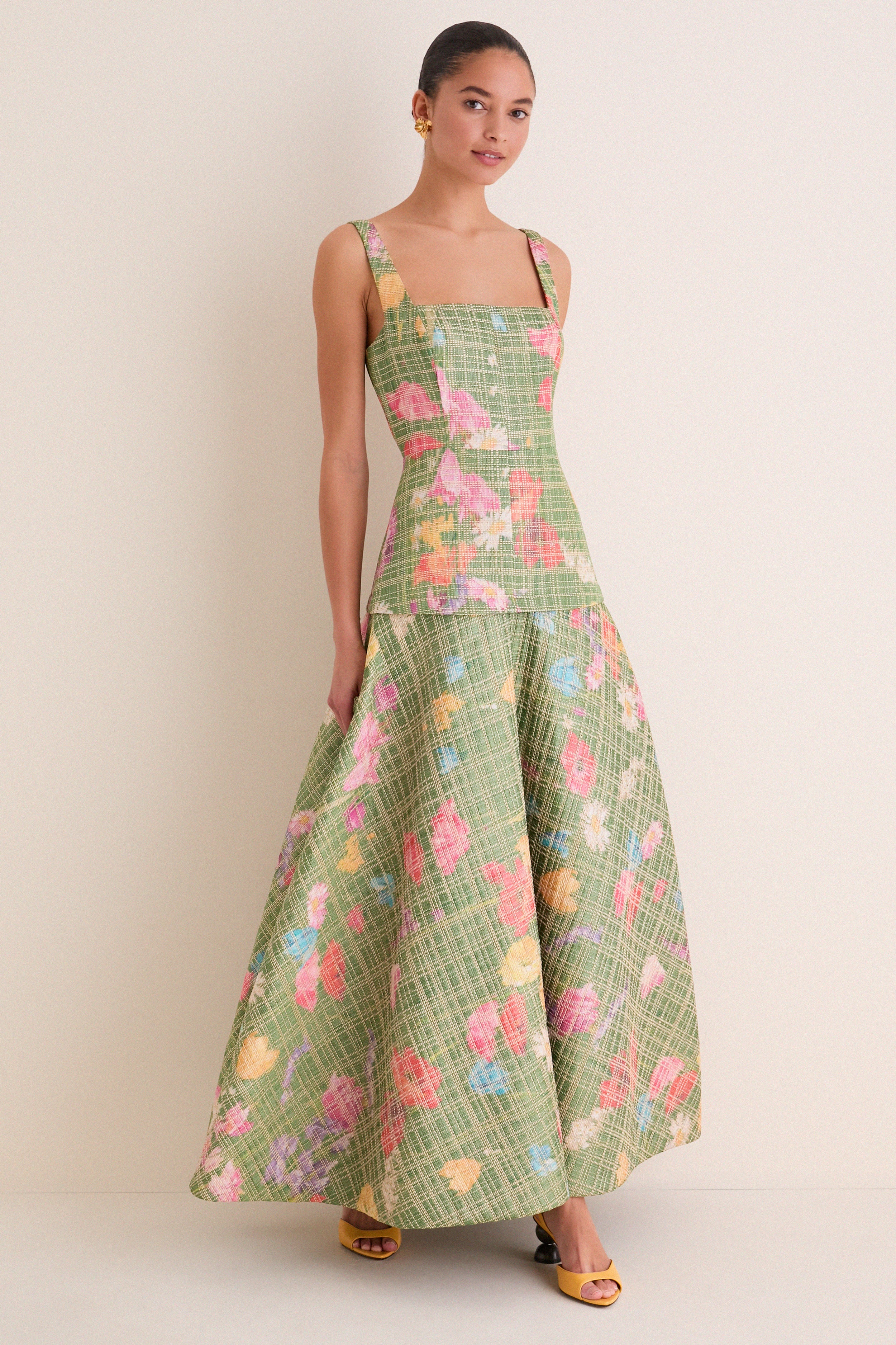 Cactus Multi Floral Raffia Poplin Square Neck Dress | Lela Rose