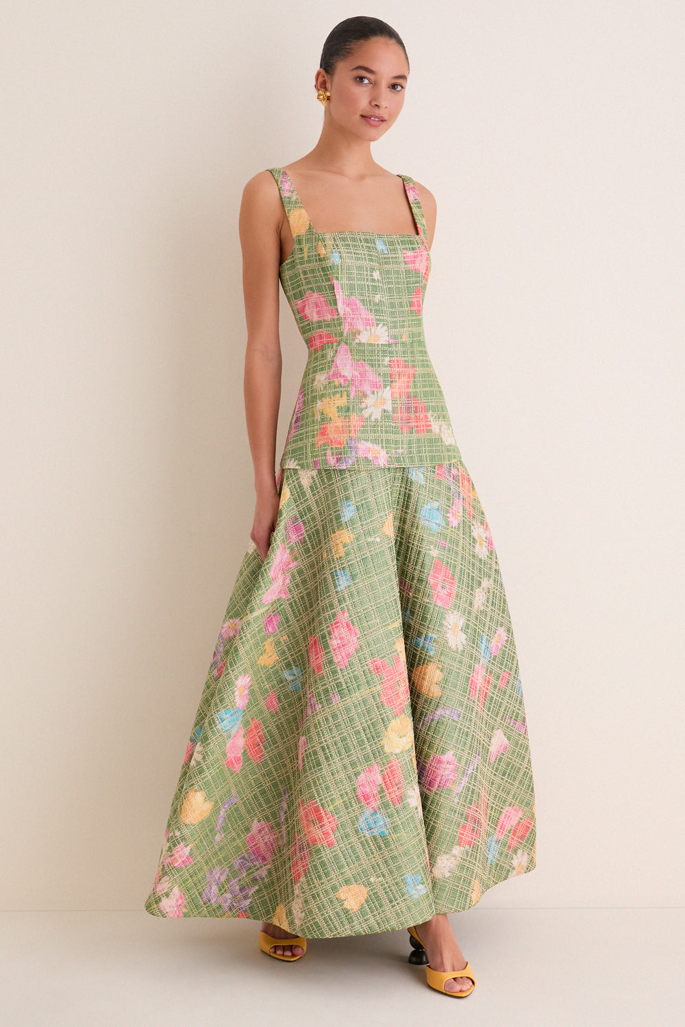 Cactus Multi Floral Raffia Poplin Square Neck Dress | Lela Rose Cactus Multi Floral Raffia Poplin Square Neck Dress | Lela Rose