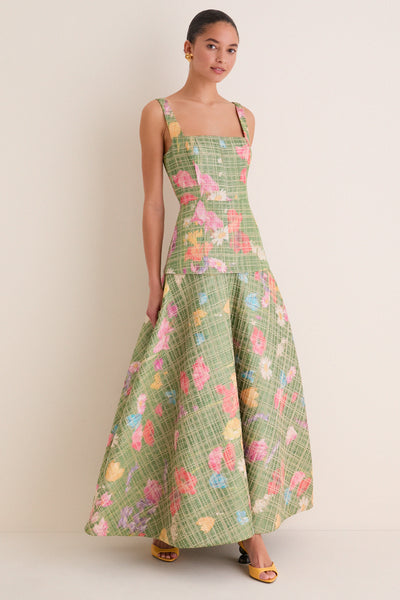 Cactus Multi Floral Raffia Poplin Square Neck Dress | Lela Rose