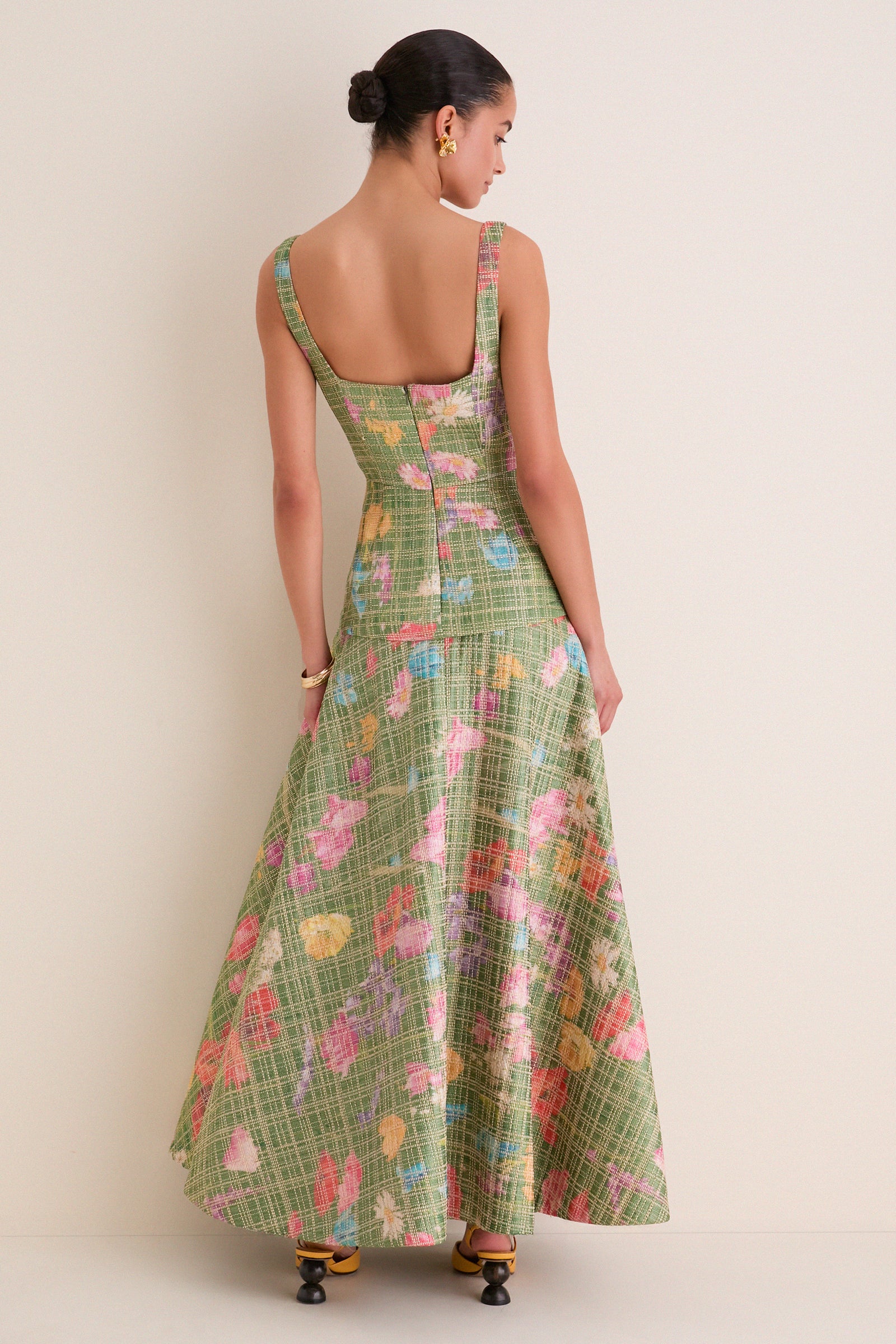 Cactus Multi Floral Raffia Poplin Square Neck Dress