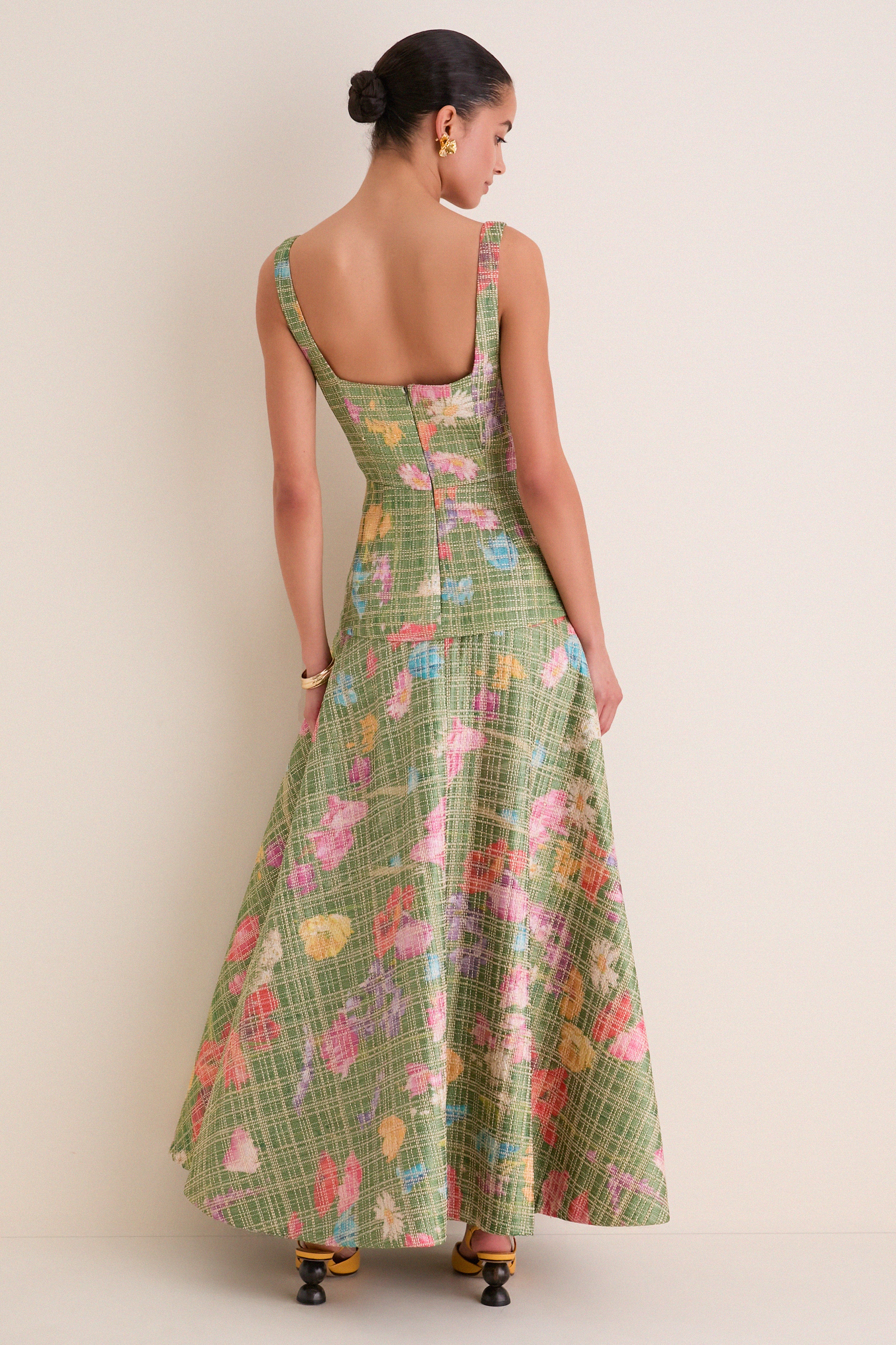 Cactus Multi Floral Raffia Poplin Square Neck Dress