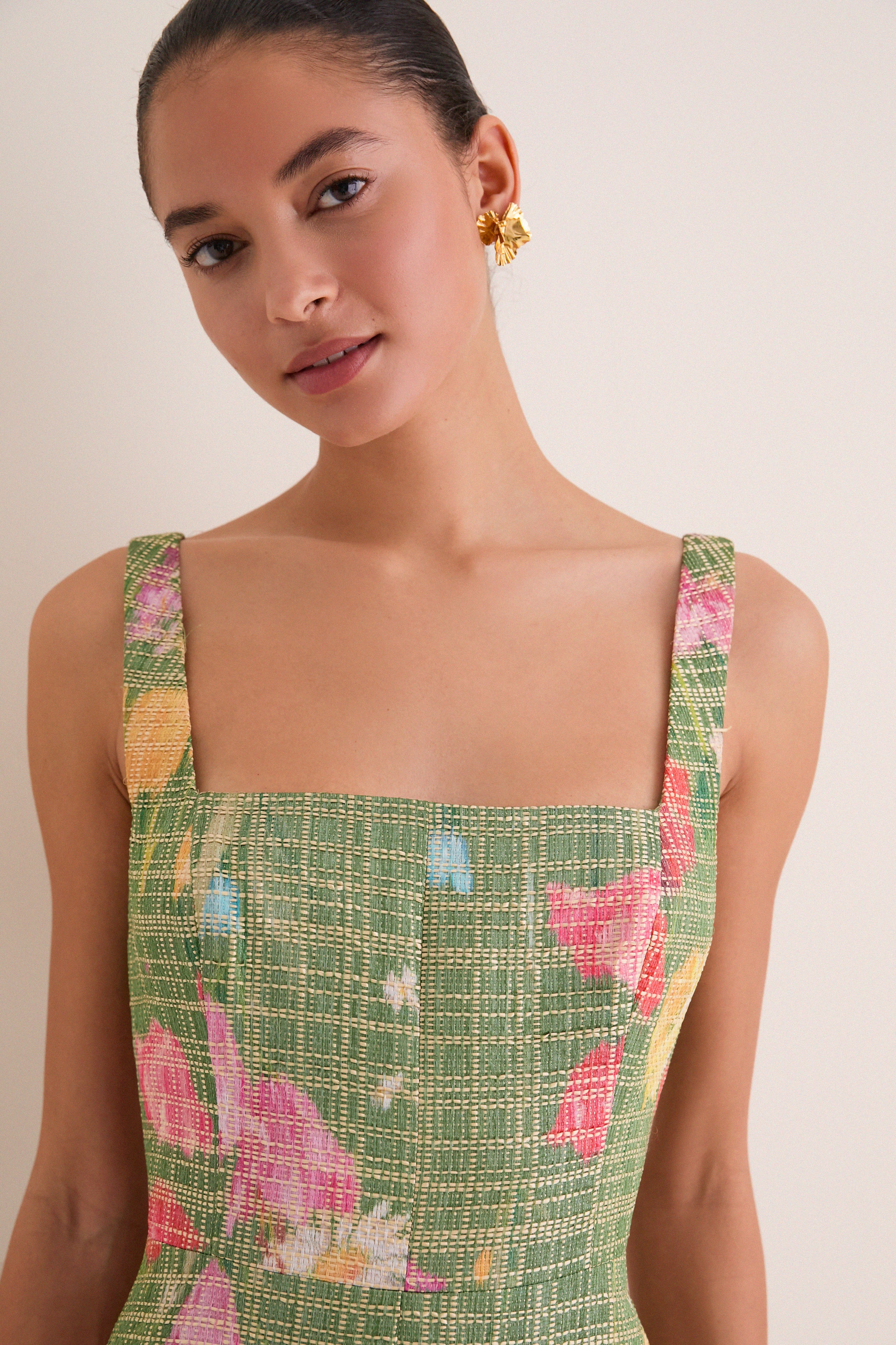 Cactus Multi Floral Raffia Poplin Square Neck Dress | Lela Rose