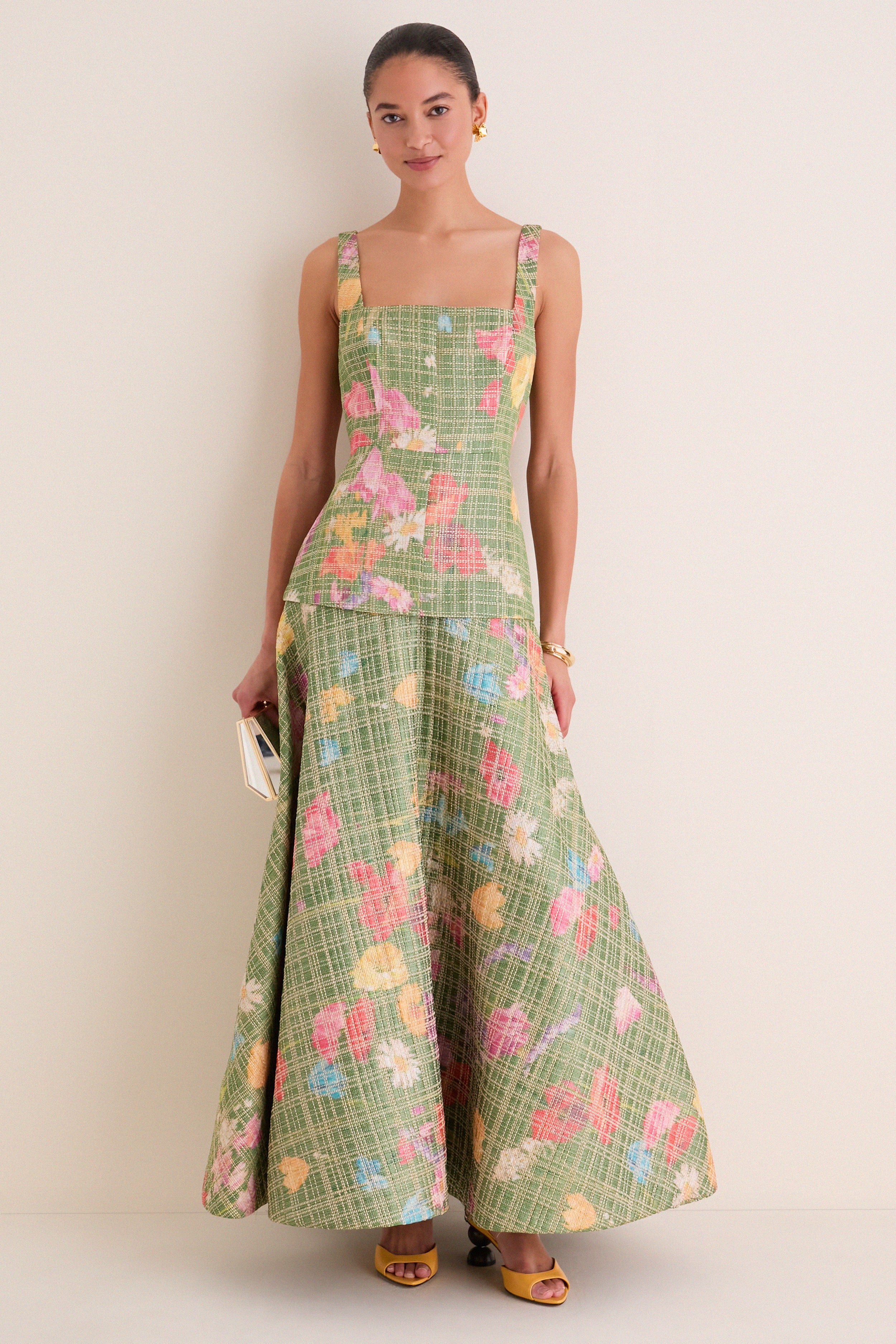 Cactus Multi Floral Raffia Poplin Square Neck Dress