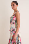 Mist Multi Floral Printed Cotton Scoop Neck Fitted Top