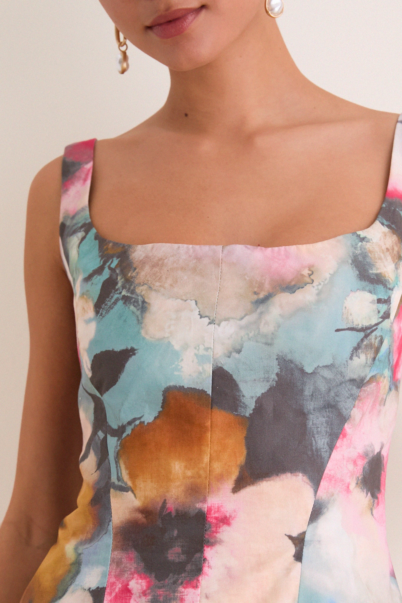 Mist Multi Floral Printed Cotton Scoop Neck Fitted Top