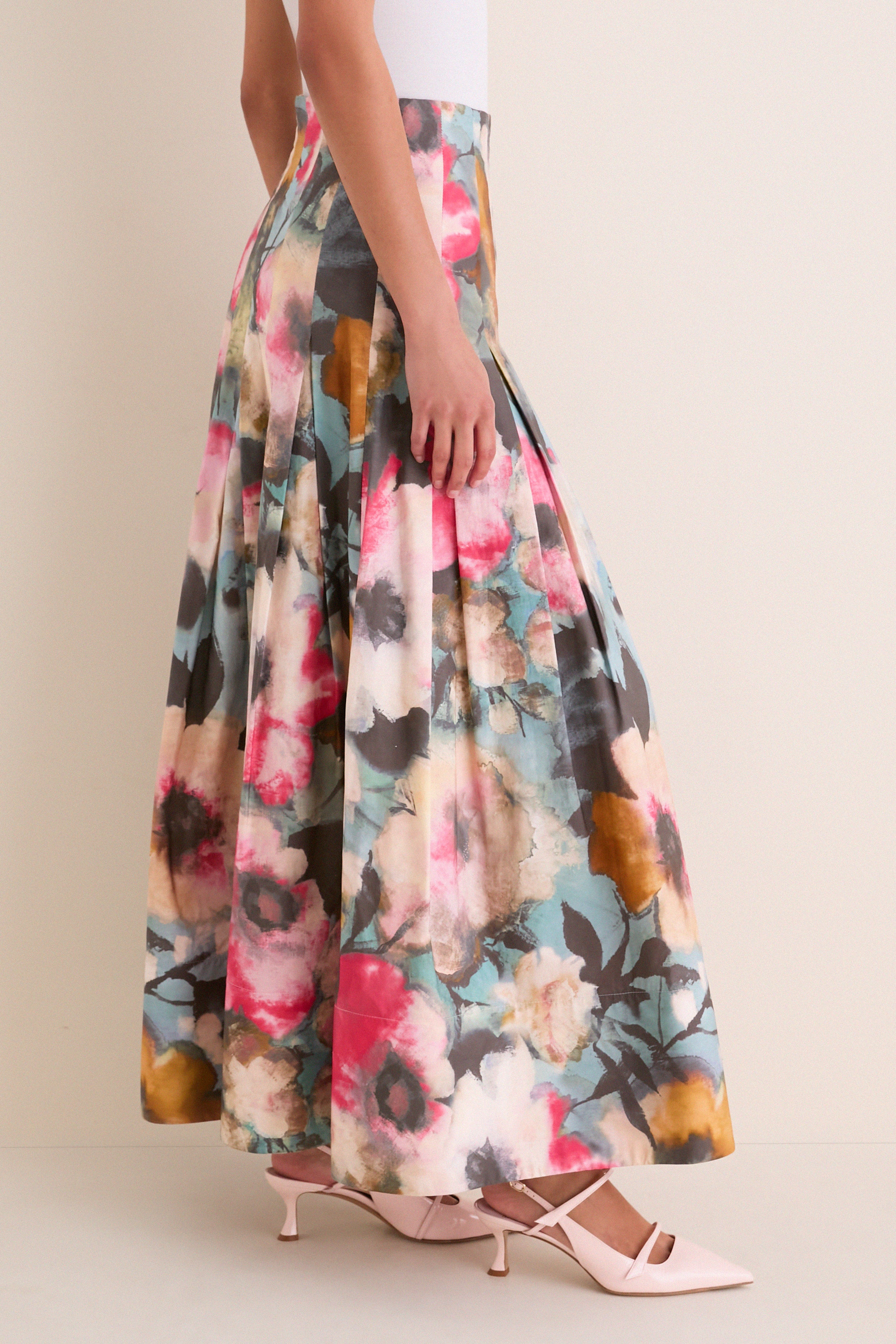 Mist Multi Floral Printed Cotton Full Skirt