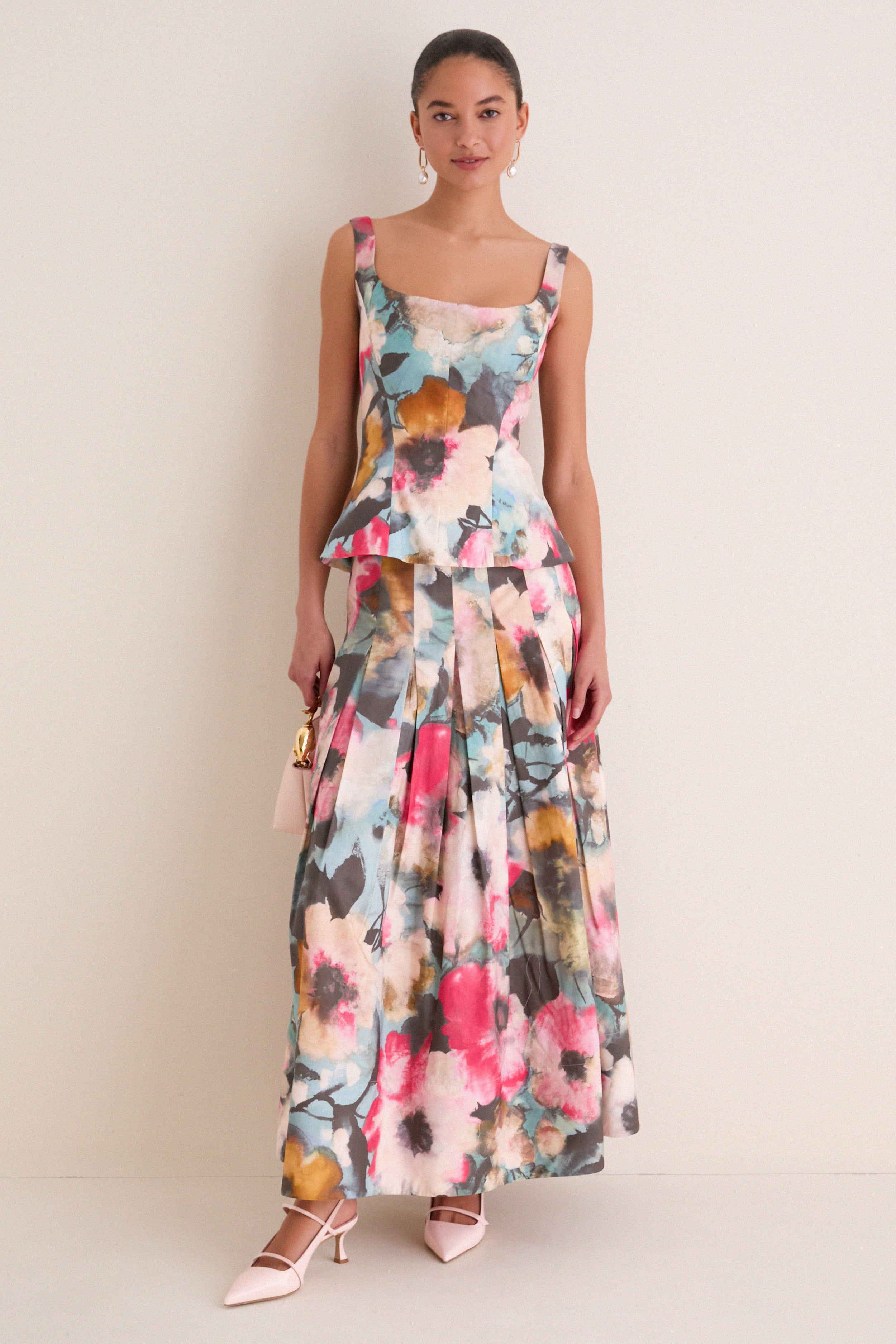 Mist Multi Floral Printed Cotton Full Skirt