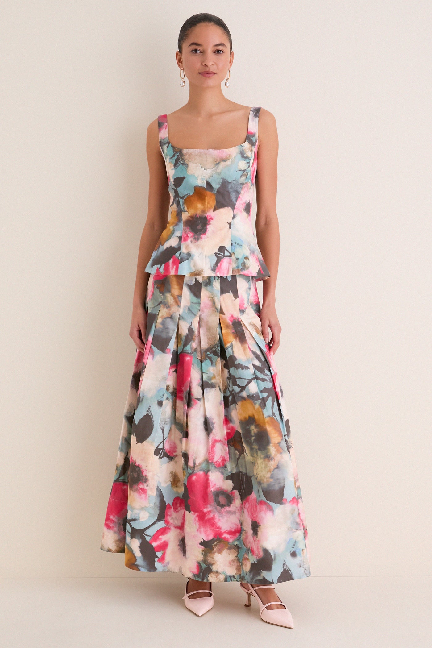 Mist Multi Floral Printed Cotton Full Skirt | Lela Rose Mist Multi Floral Printed Cotton Full Skirt | Lela Rose
