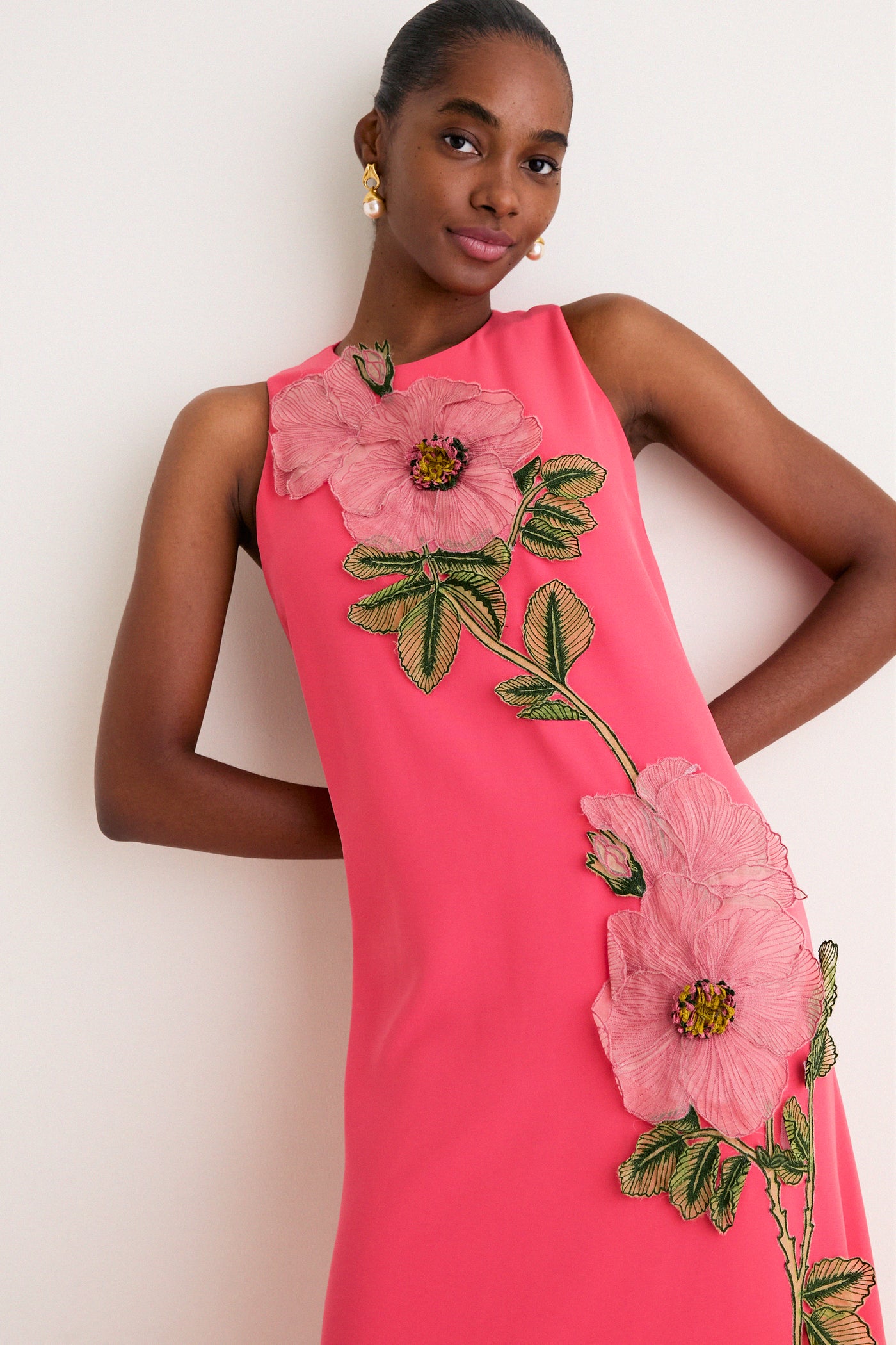 strapless open back dress Watermelon Peony Embroidered Crepe Francie Gown