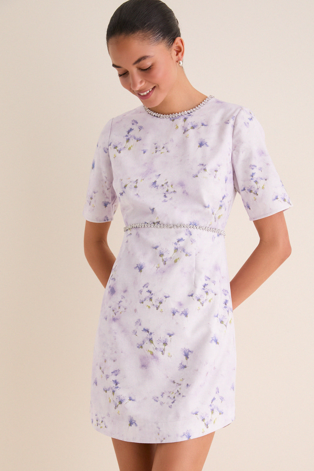 Lilac Floral Crystal Embellished Floria Mini Dress | English Factory Lilac Floral Crystal Embellished Floria Mini Dress | English Factory