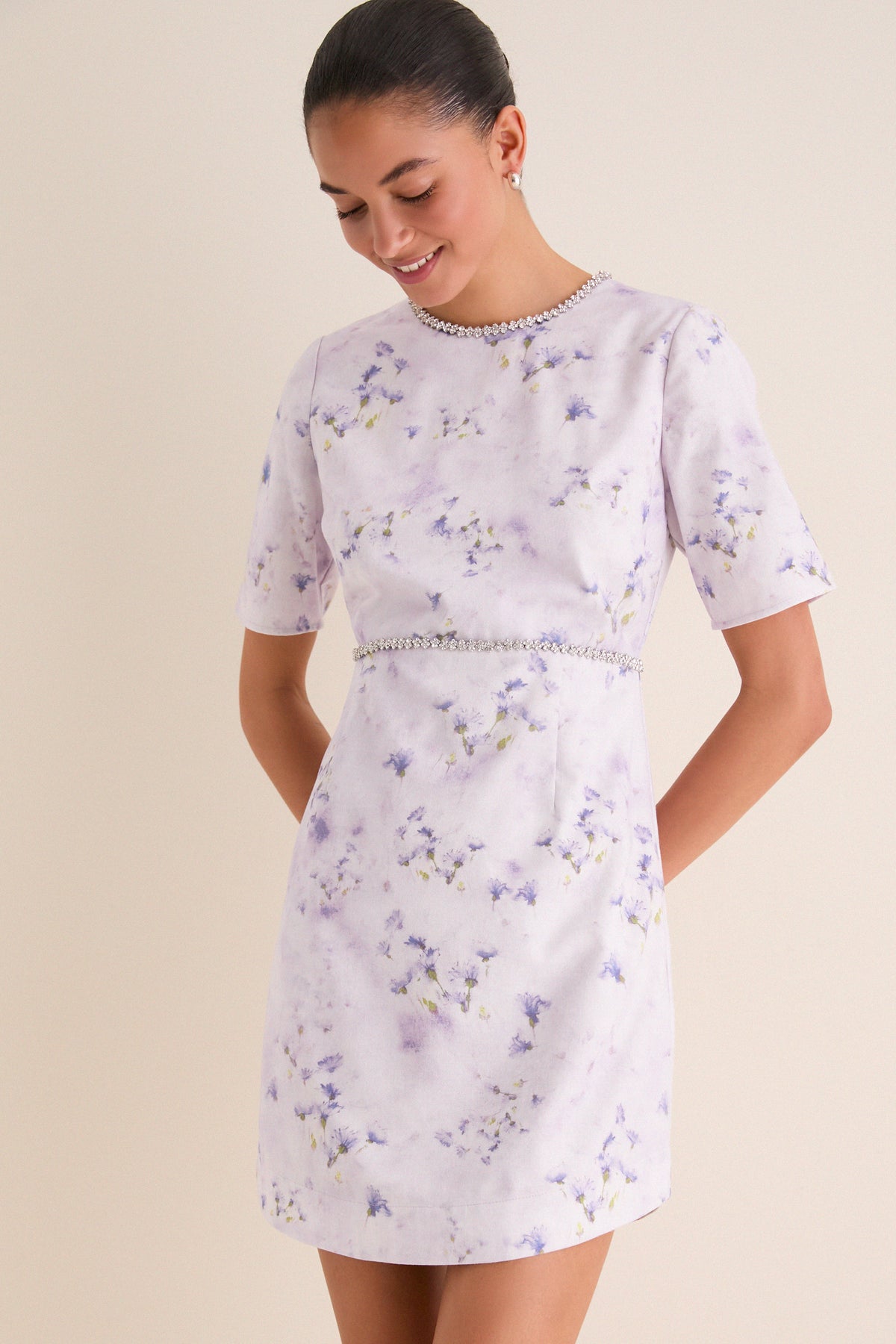 fitted lace wedding dress Lilac Floral Crystal Embellished Floria Mini Dress