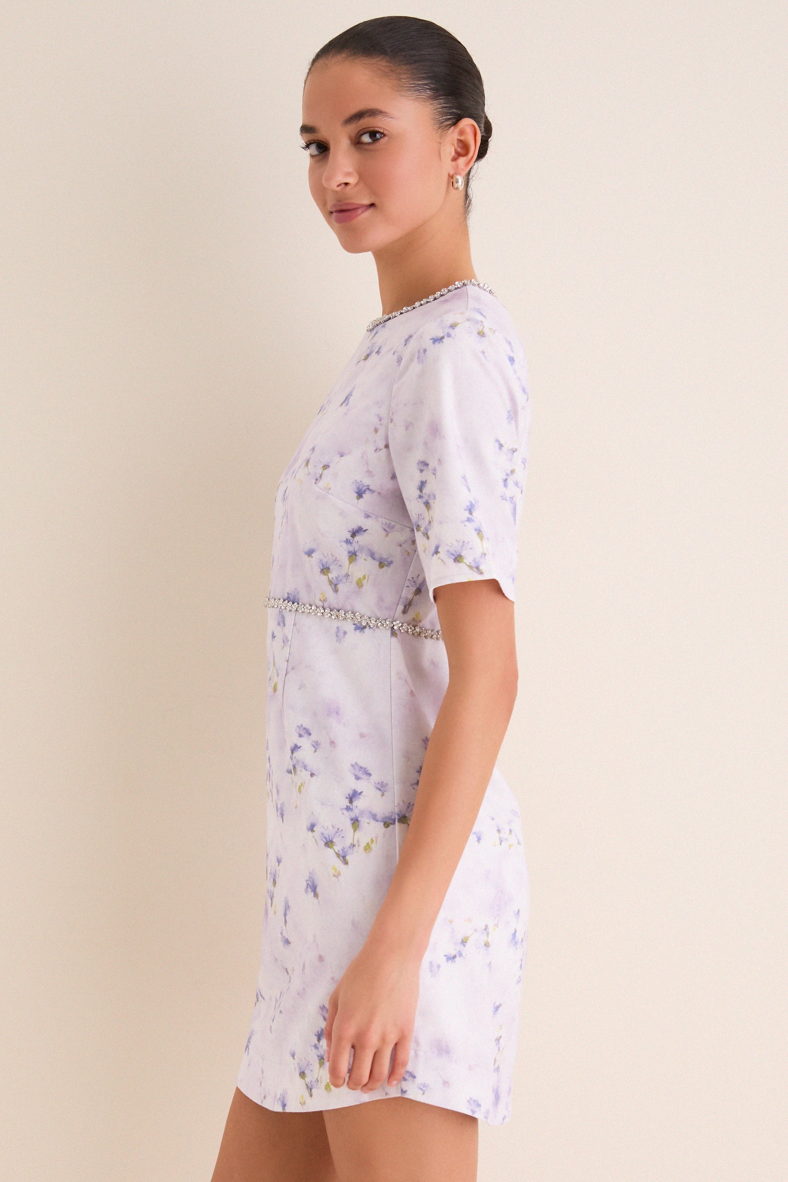 English Factory Lilac Floral Crystal Embellished Floria Mini Dress Lilac Floral / L English Factory Lilac Floral Crystal Embellished Floria Mini Dress Lilac Floral / L