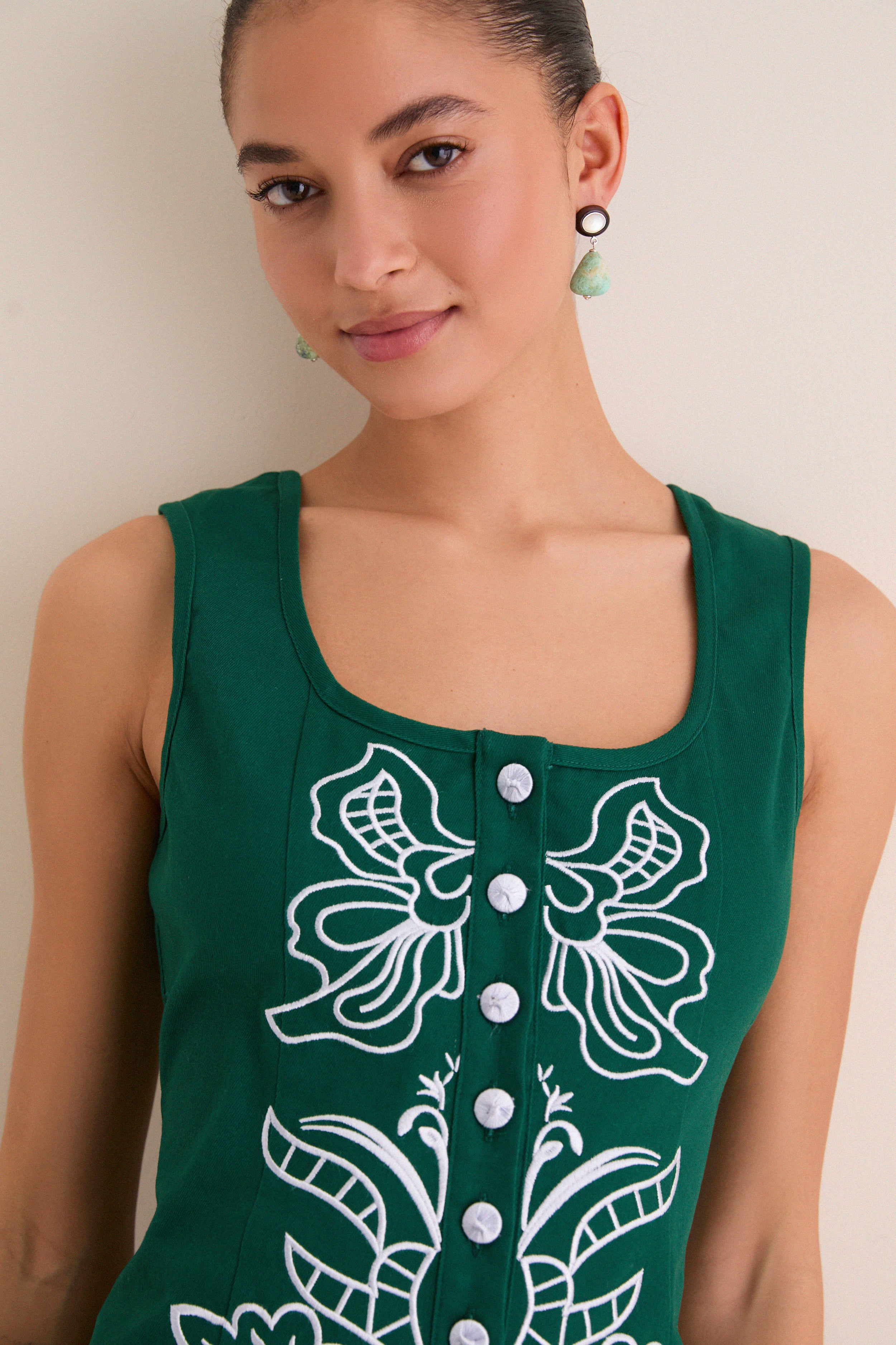 Green & Baby Blue Embroidered Lucy Mini Dress | English Factory Green & Baby Blue Embroidered Lucy Mini Dress | English Factory