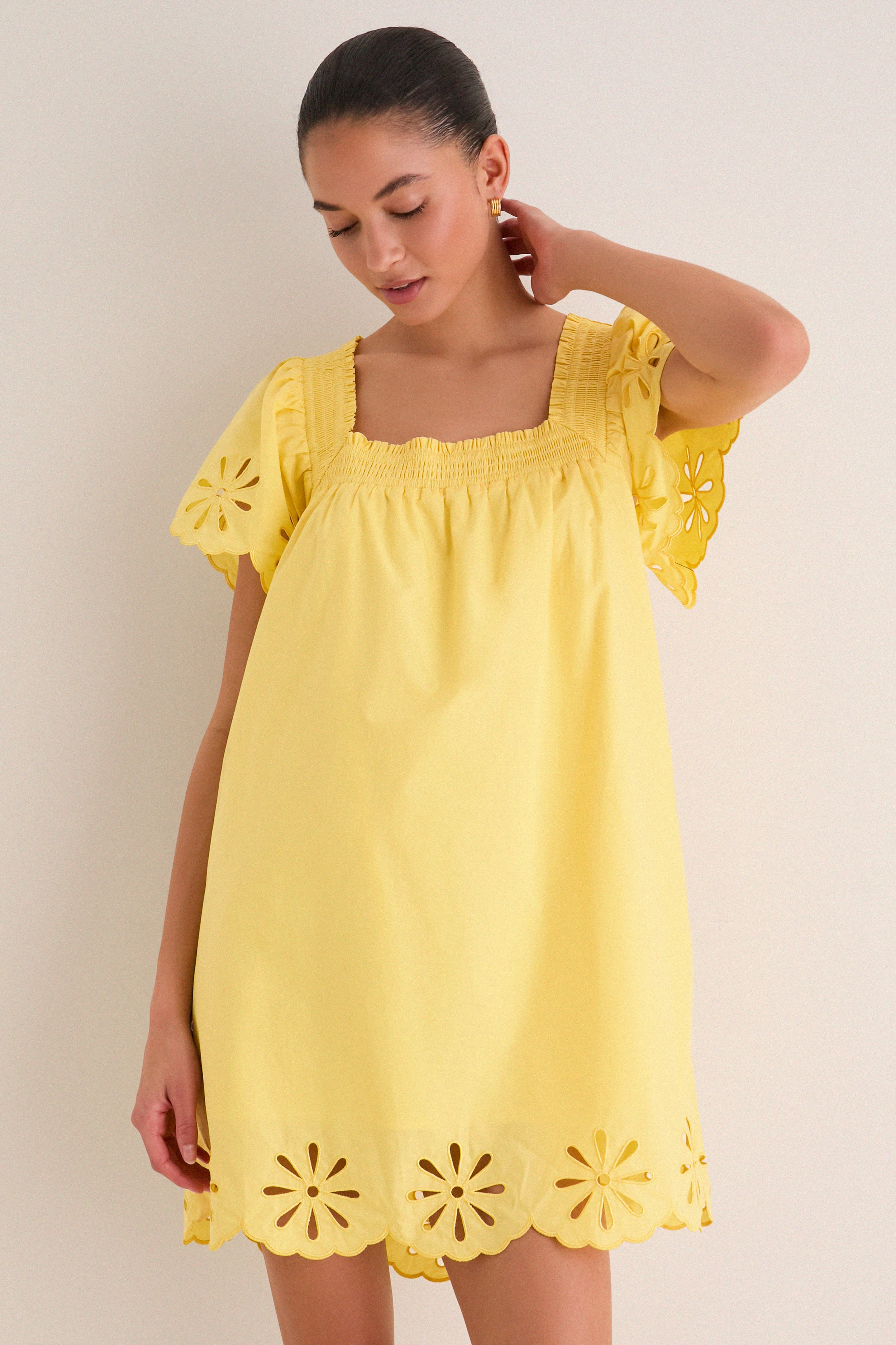 Yellow Floral Eyelet Daisy Mini Dress | English Factory Yellow Floral Eyelet Daisy Mini Dress | English Factory