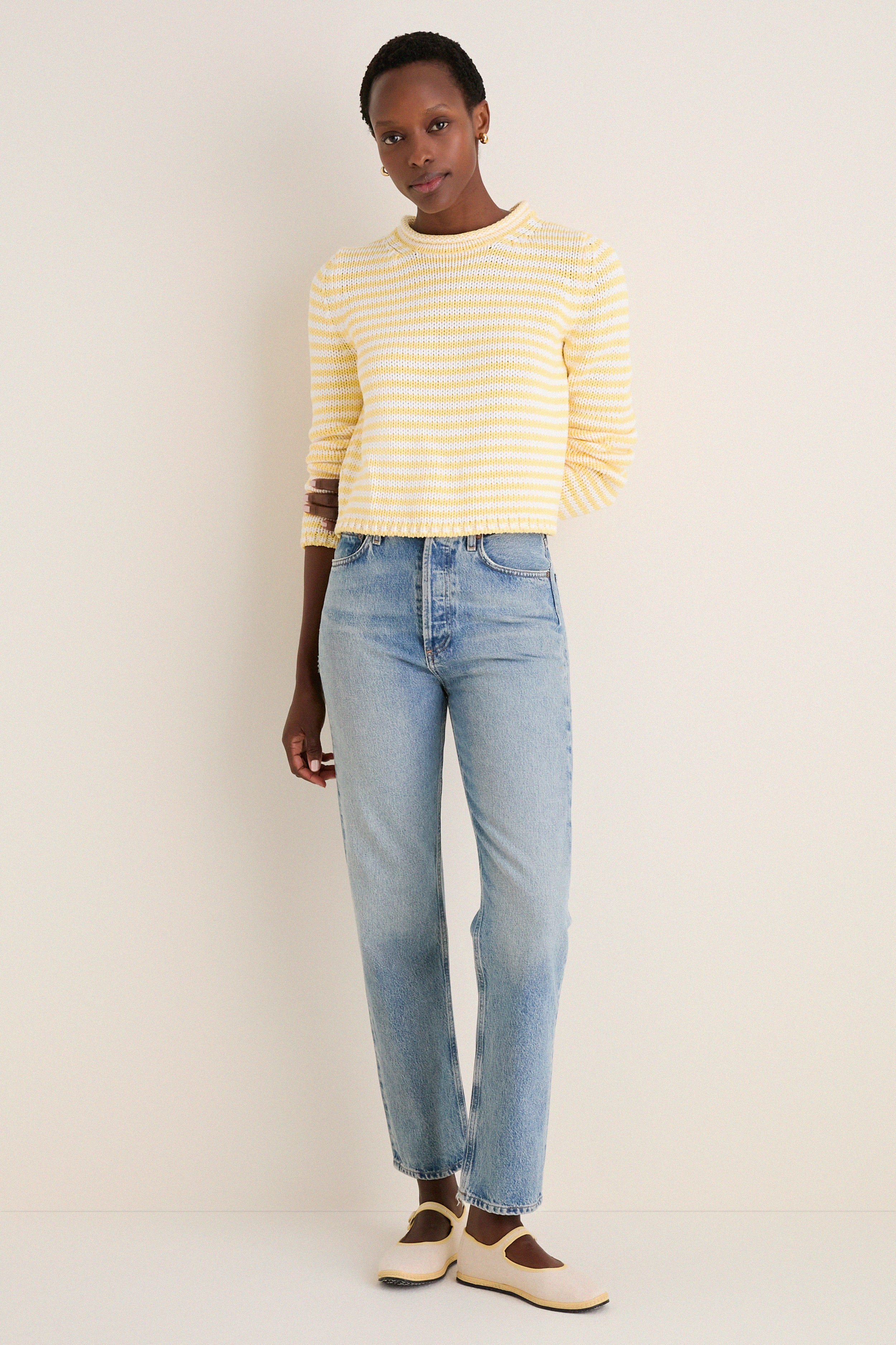 Sunshine and Cream Fine Stripe Mini Marina Sweater | La Ligne