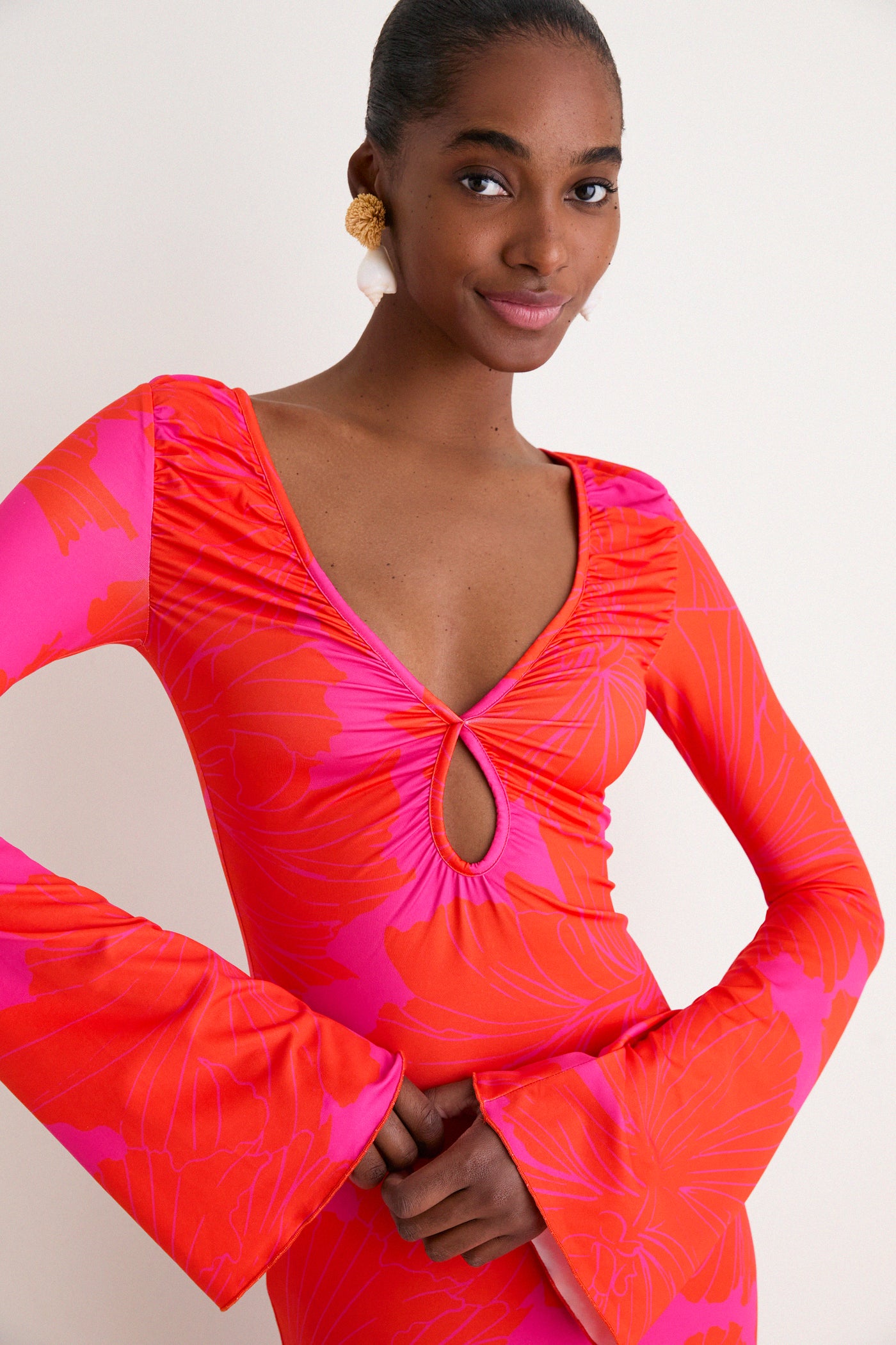 coral cocktail dress with sleeves Jovani 38928 Formal Long Ruffled Sleeve Evening Fitted Dress