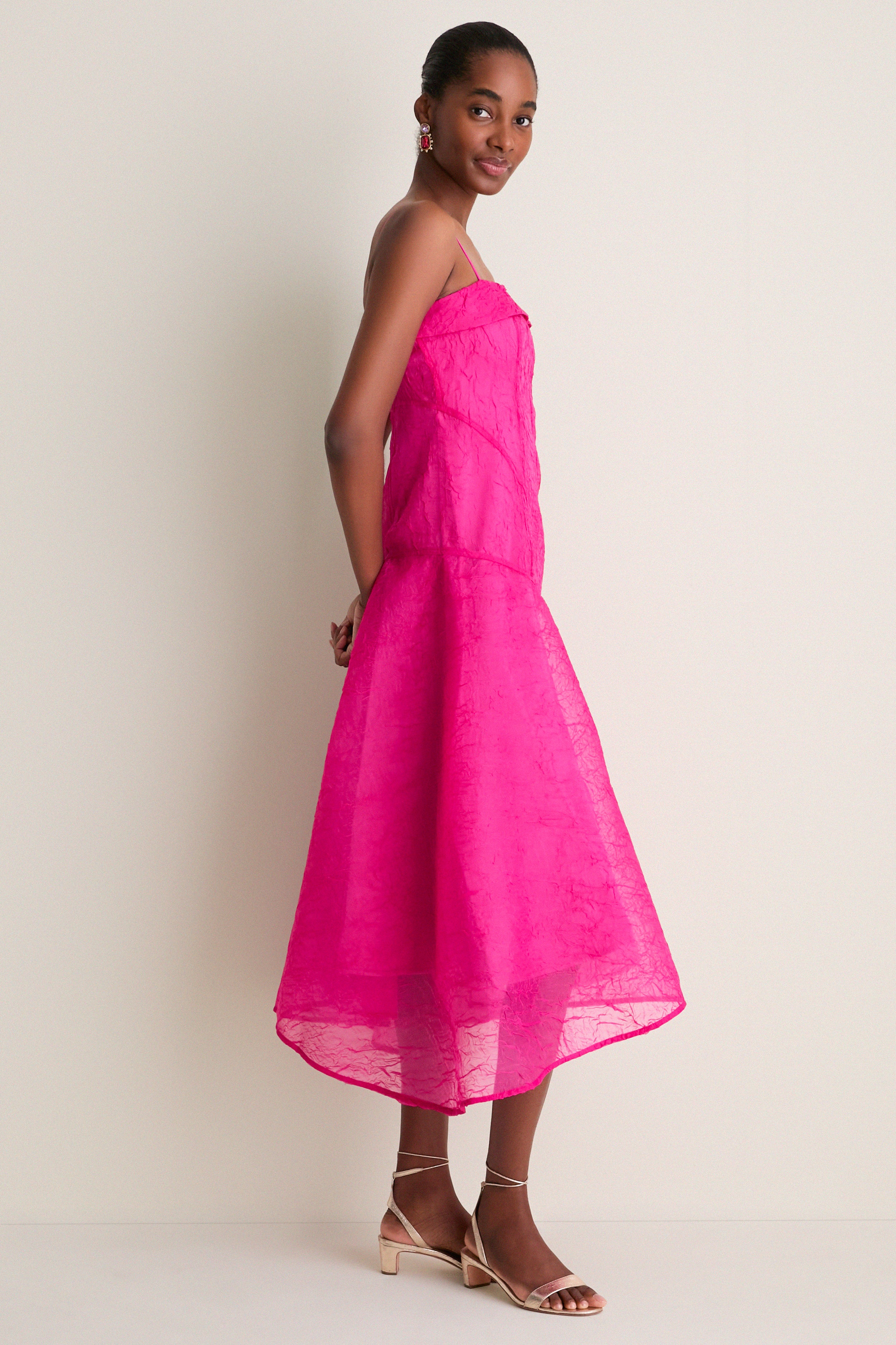 Raspberry Rose Shibori Organza Long Asymmetric Dress