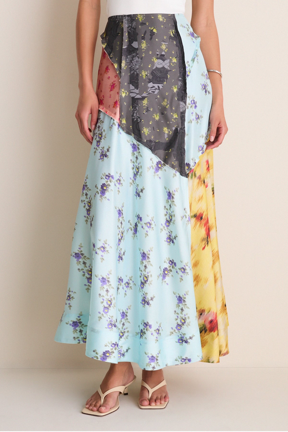 Iced Aqua Multi Printed Silk Twill Fluid Skirt