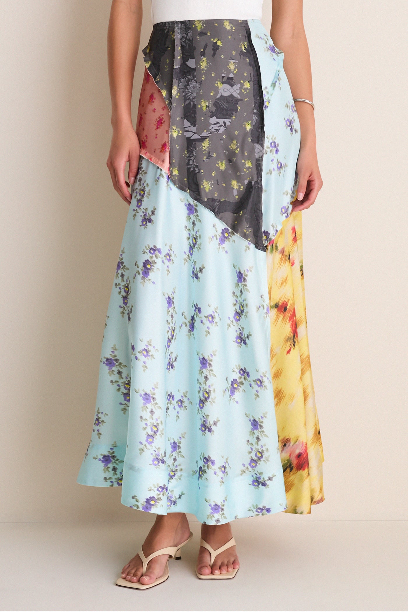 Iced Aqua Multi Printed Silk Twill Fluid Skirt