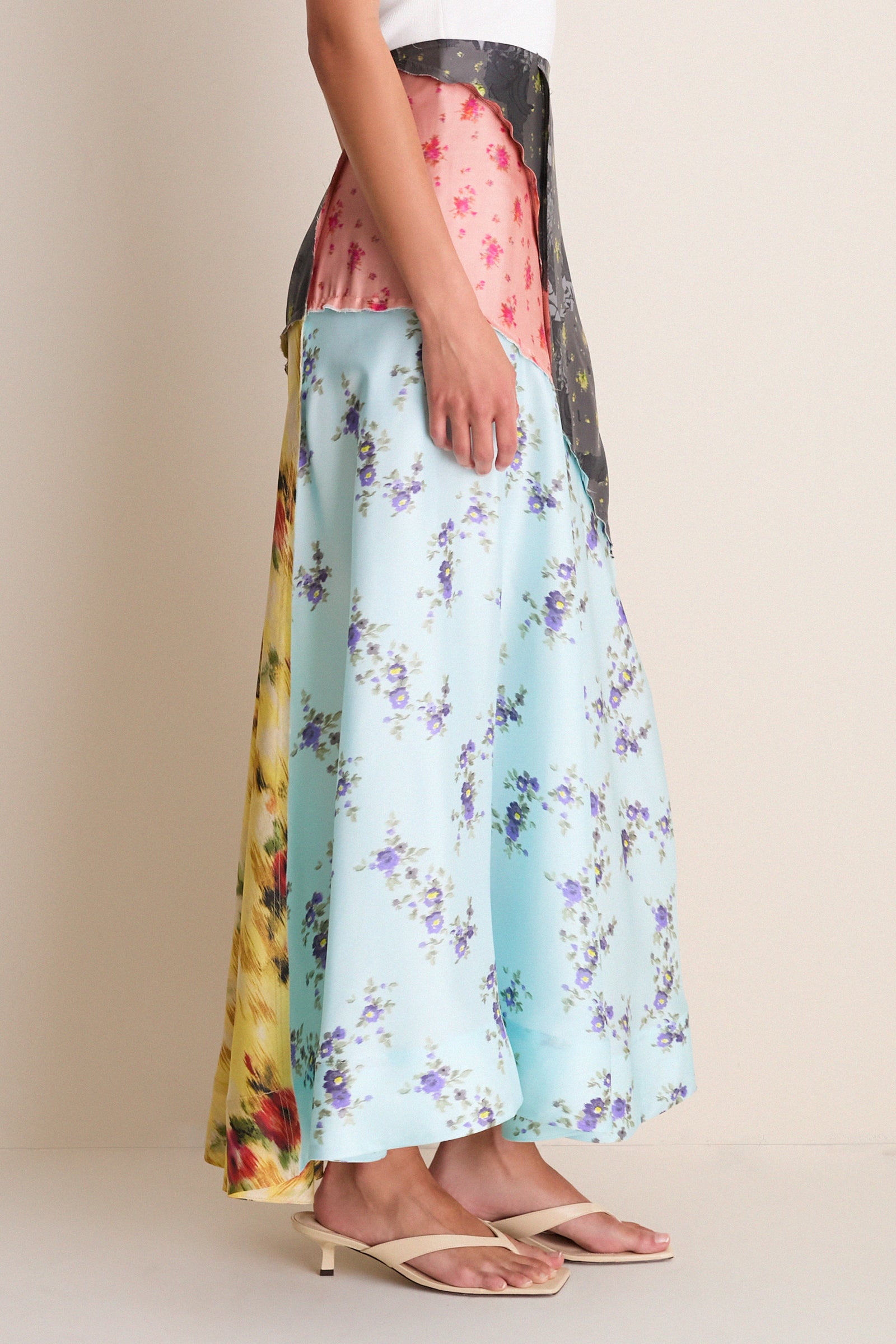 Iced Aqua Multi Printed Silk Twill Fluid Skirt