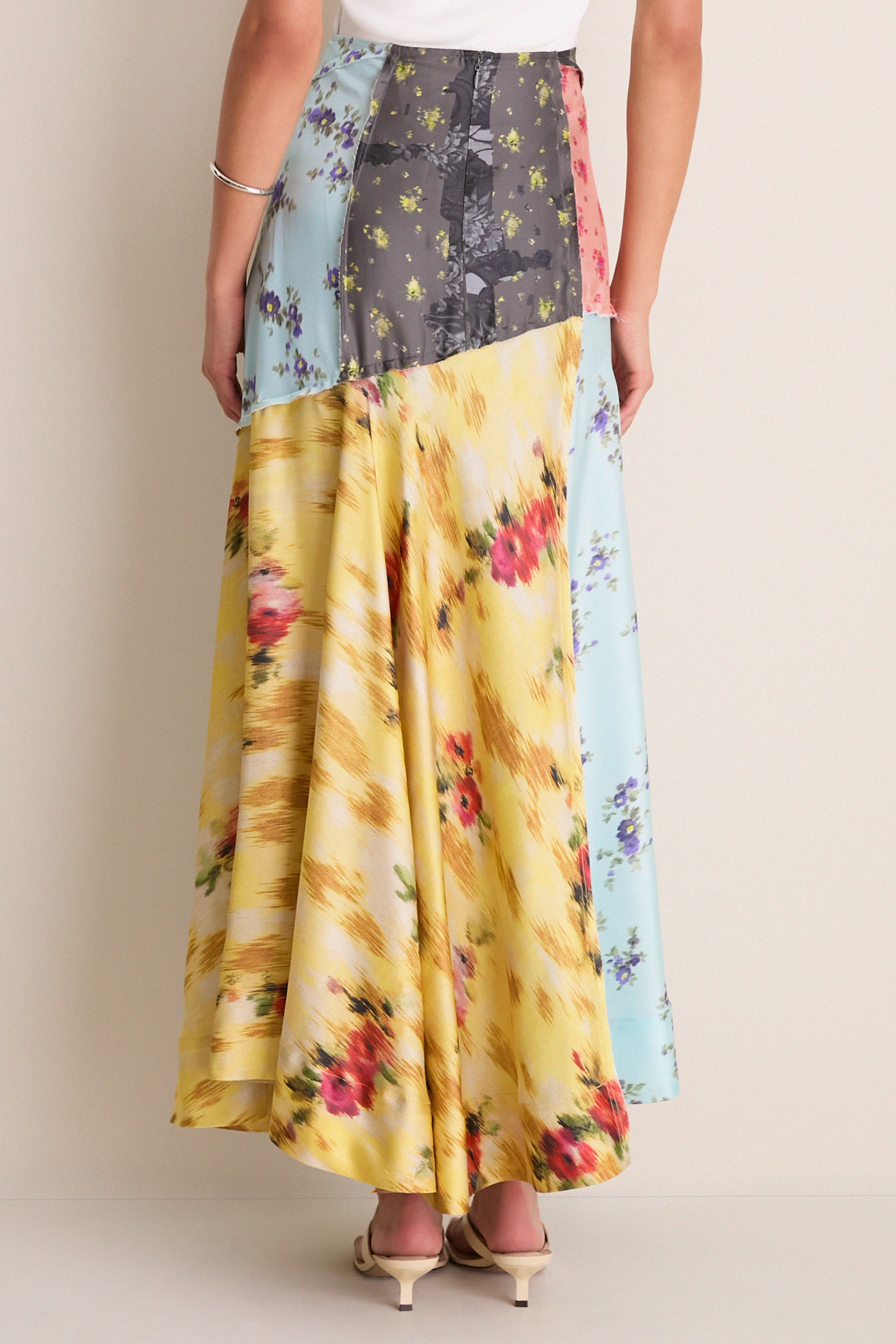 Iced Aqua Multi Printed Silk Twill Fluid Skirt