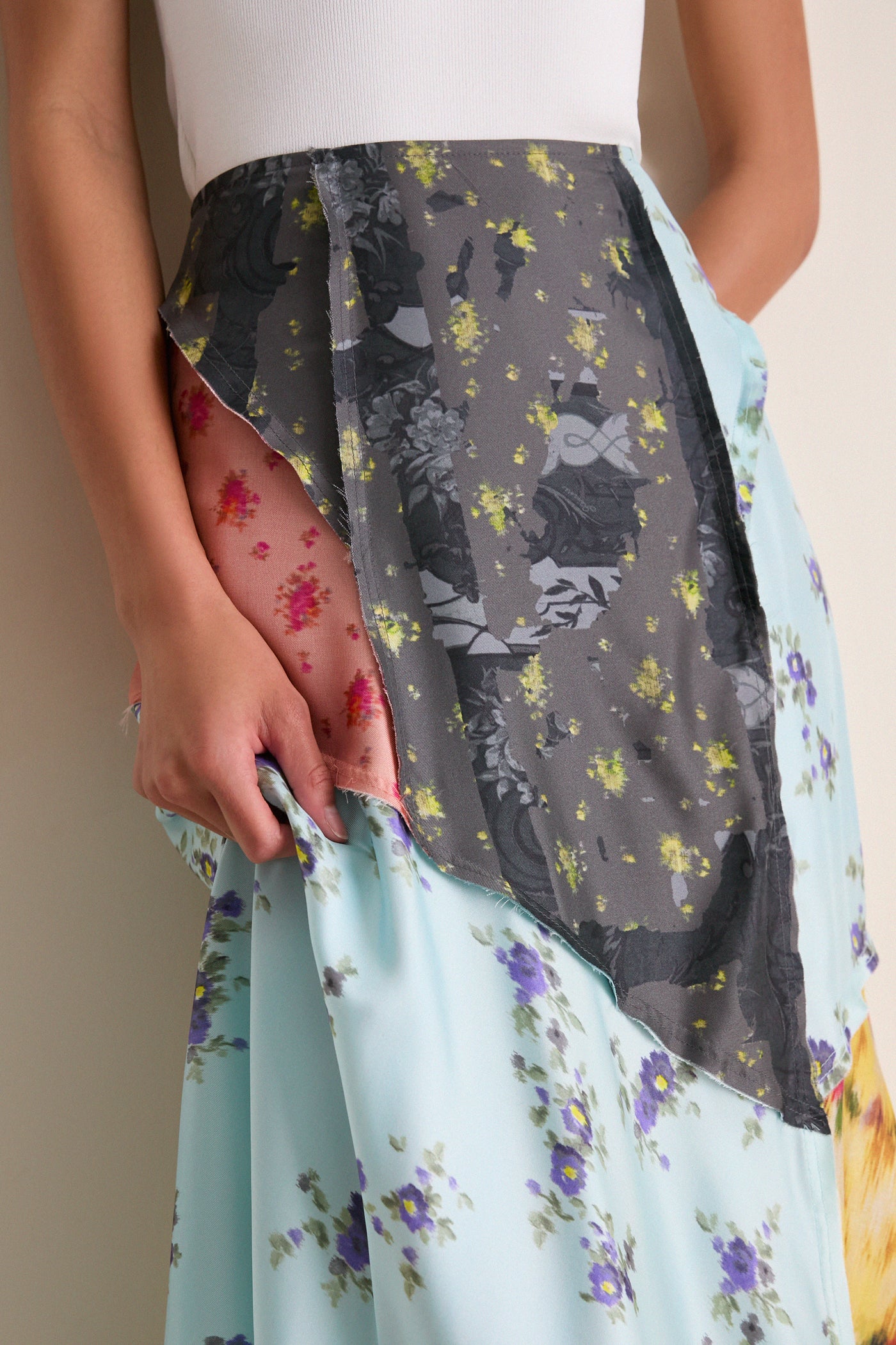 Iced Aqua Multi Printed Silk Twill Fluid Skirt