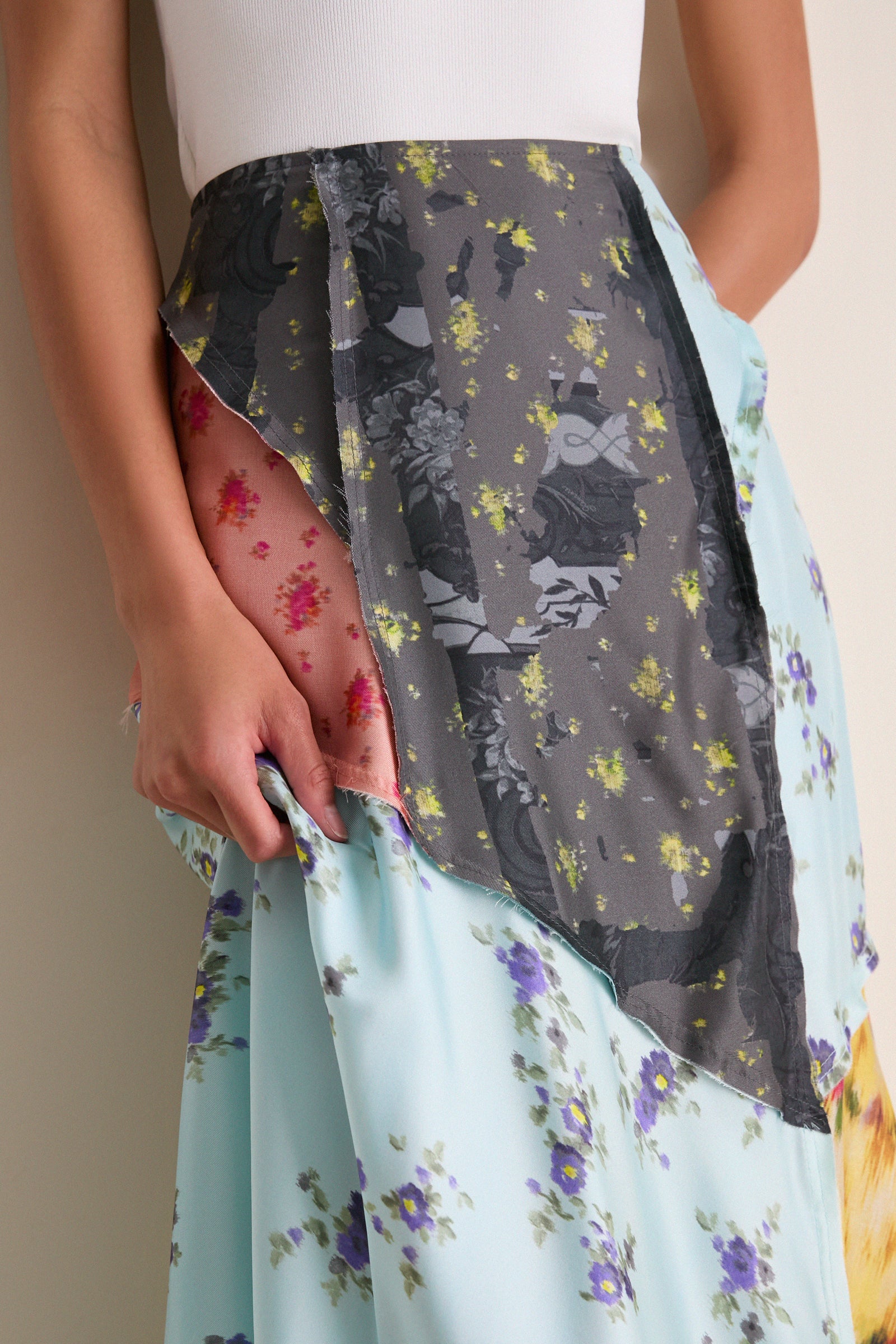 Iced Aqua Multi Printed Silk Twill Fluid Skirt