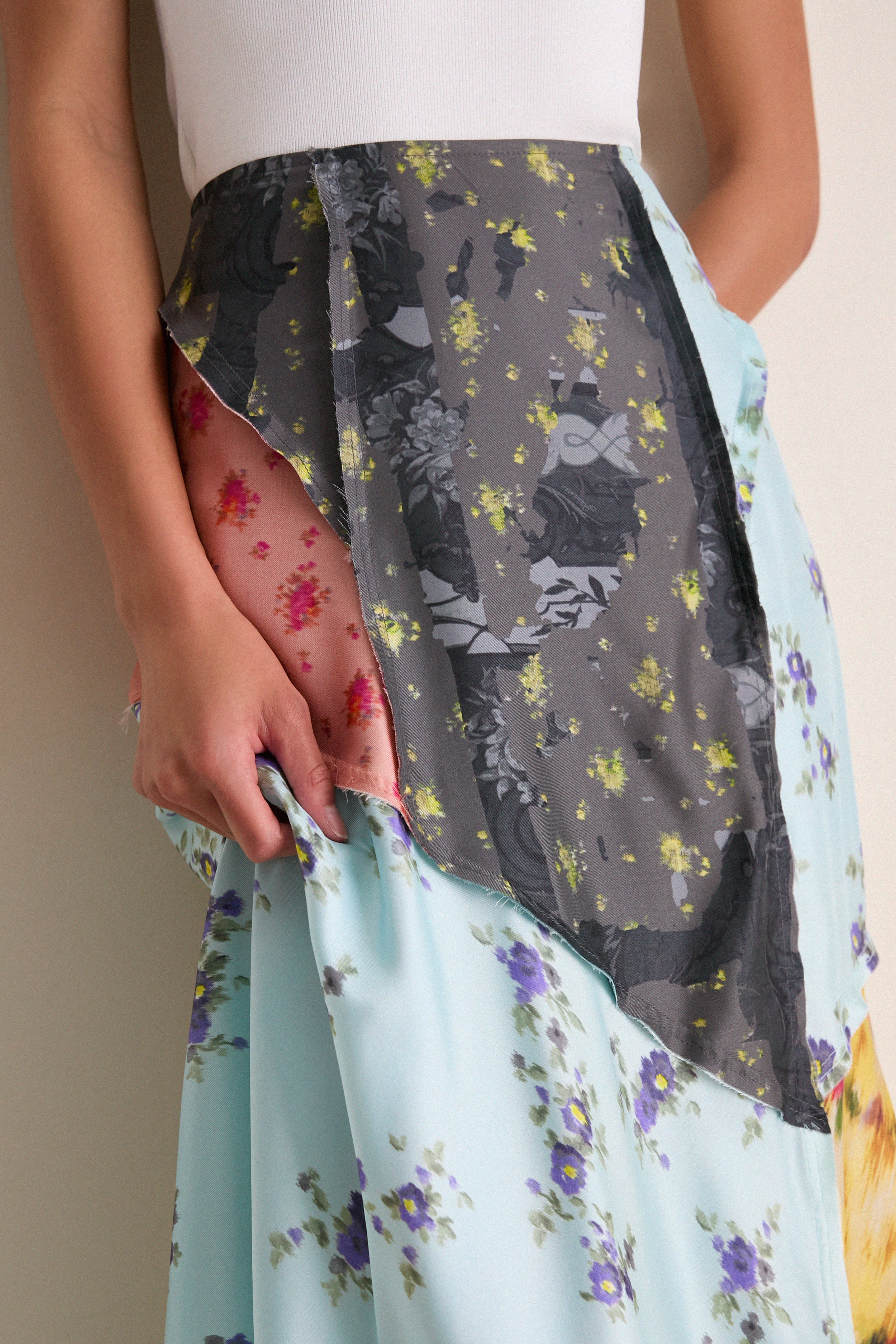 Iced Aqua Multi Printed Silk Twill Fluid Skirt