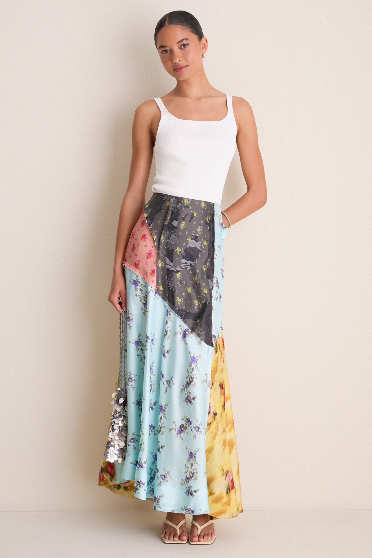 Iced Aqua Multi Printed Silk Twill Fluid Skirt